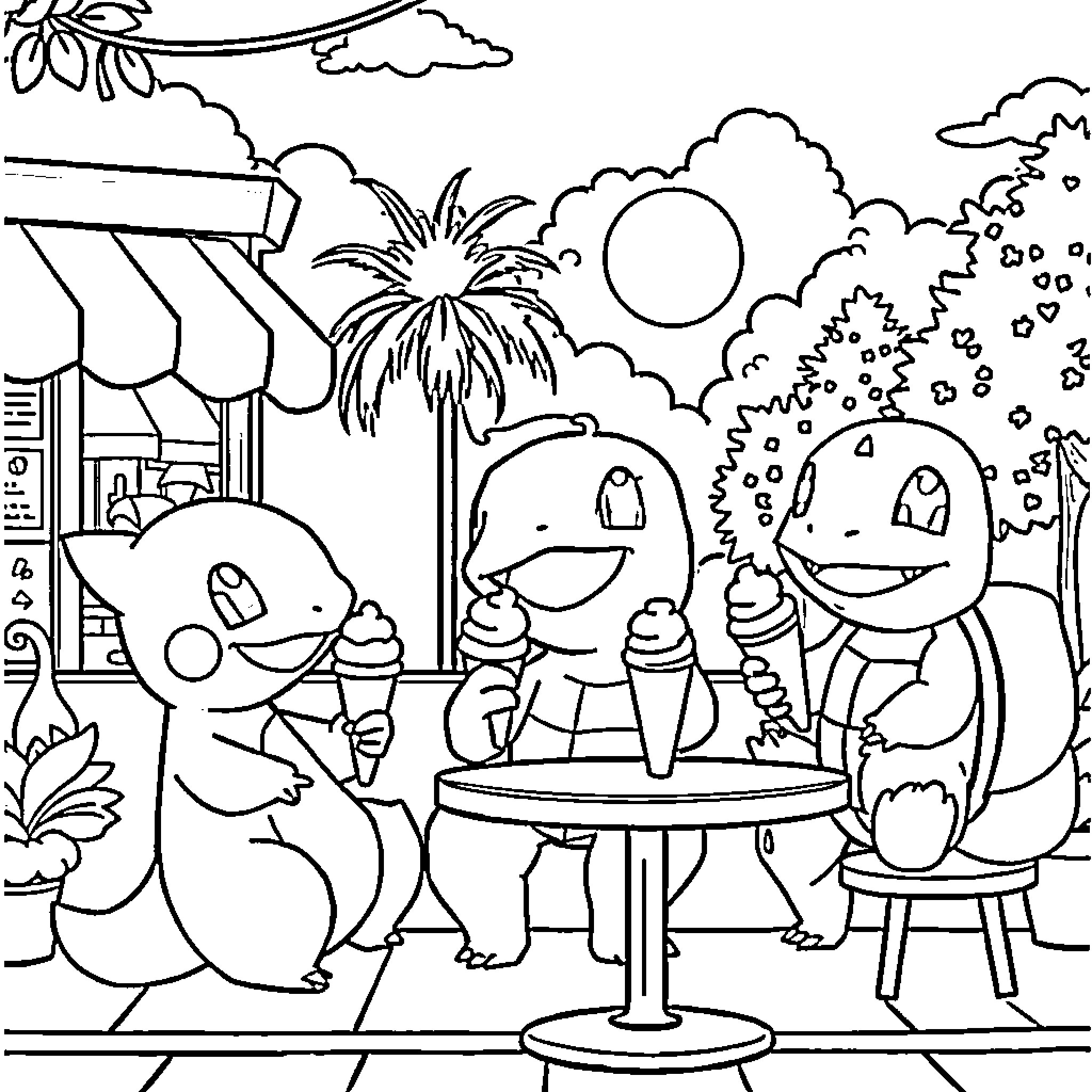 Pokémon characters enjoying a sunny day at the beach Coloring Page (free black-and-white line drawing printable PDF for all, from beginners to advanced learners, including children, teens, adults, and seniors)