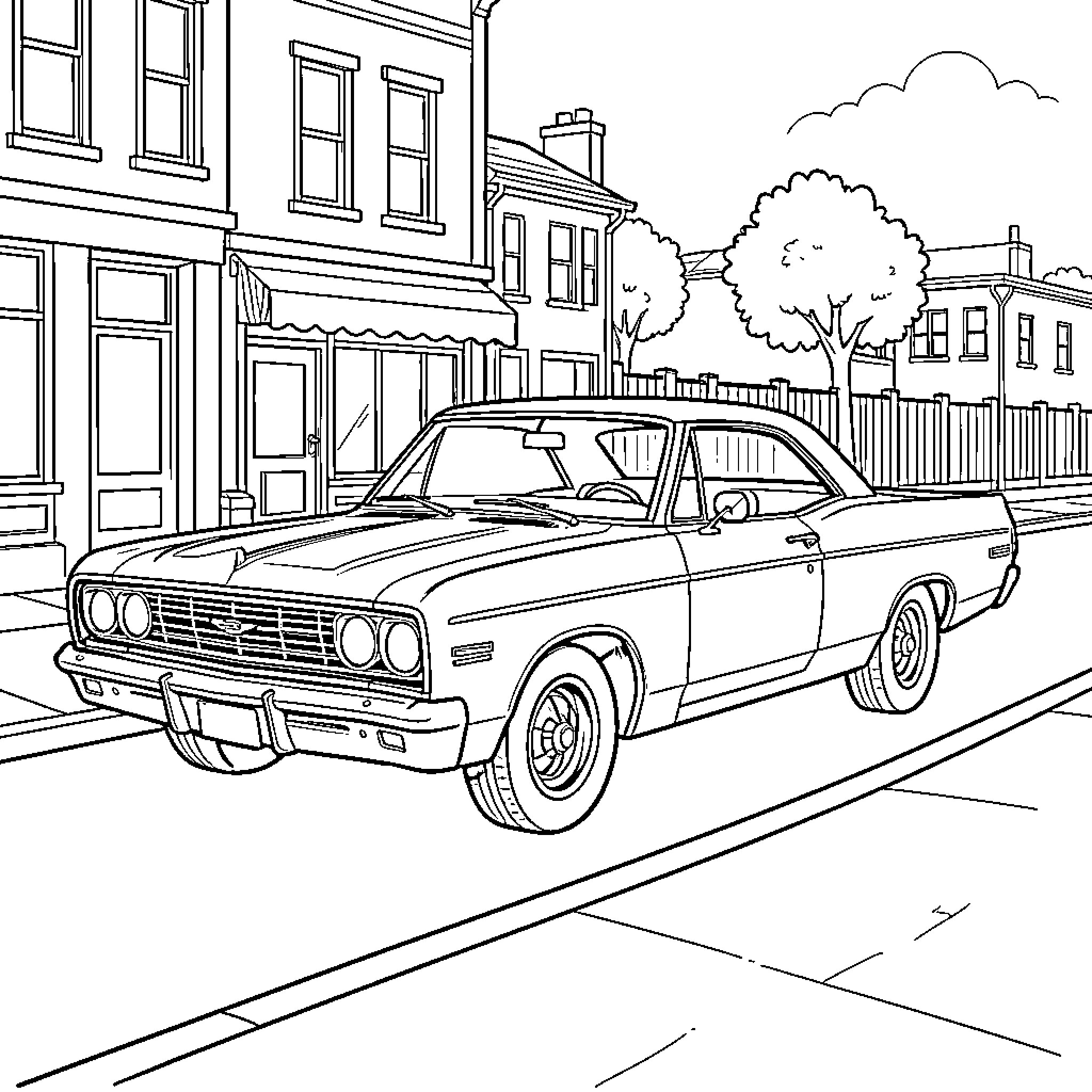 El Camino parked on a quiet residential street Coloring Page (free black-and-white line drawing printable PDF for all, from beginners to advanced learners, including children, teens, adults, and seniors)