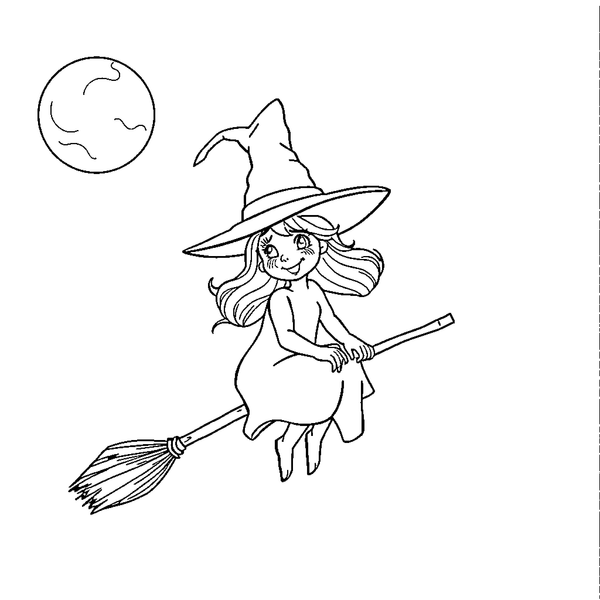 Witch riding broomstick under the moon Coloring Page (free black-and-white line drawing printable PDF for all, from beginners to advanced learners, including children, teens, adults, and seniors)