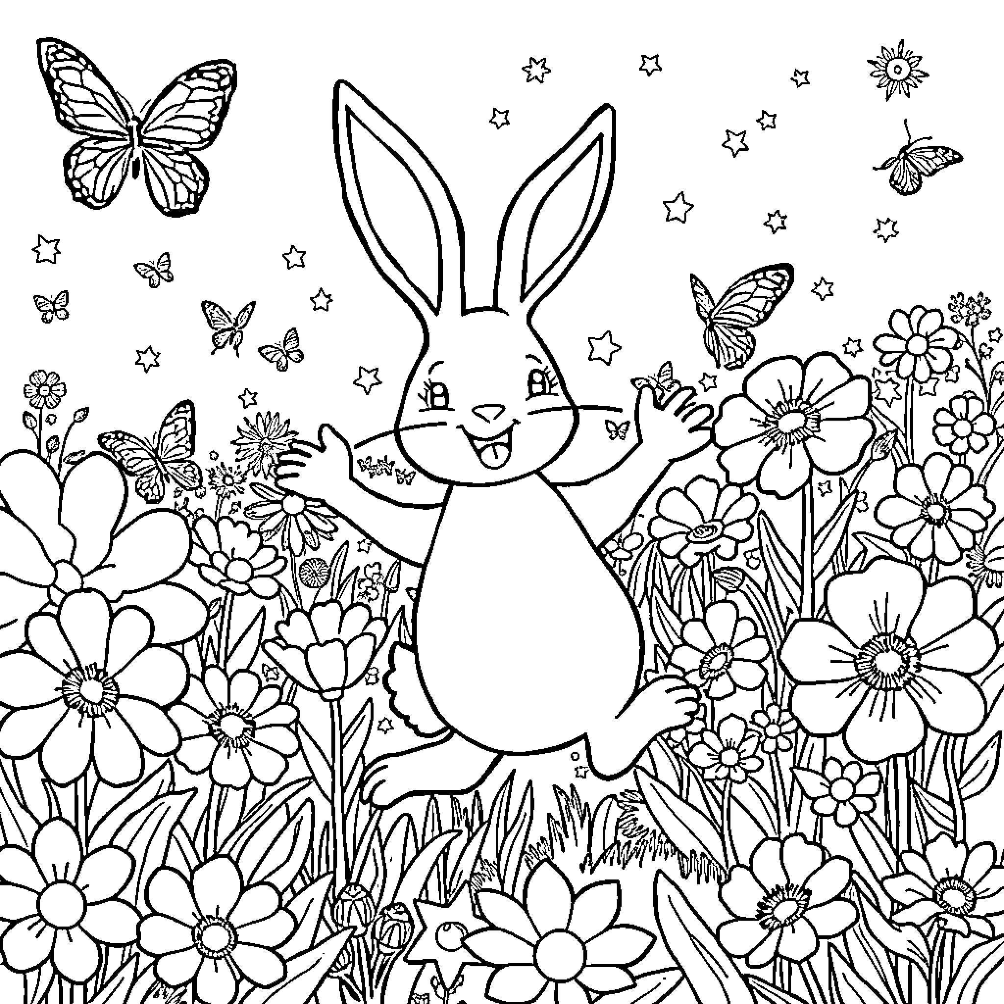 Rabbit exploring a flowery meadow Coloring Page (free black-and-white line drawing printable PDF for all, from beginners to advanced learners, including children, teens, adults, and seniors)