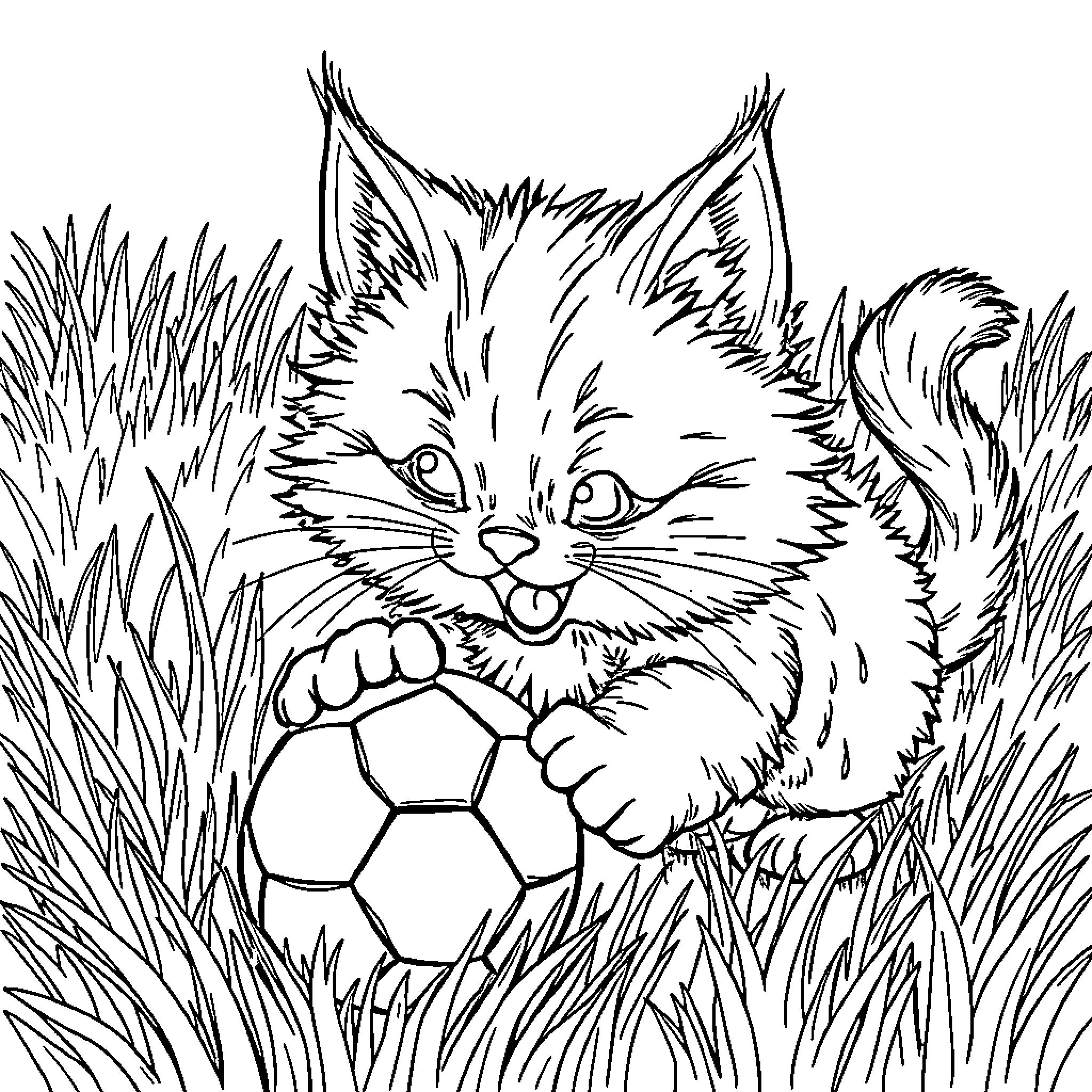 Cat playing with soccer ball in grass Coloring Page (free black-and-white line drawing printable PDF for all, from beginners to advanced learners, including children, teens, adults, and seniors)