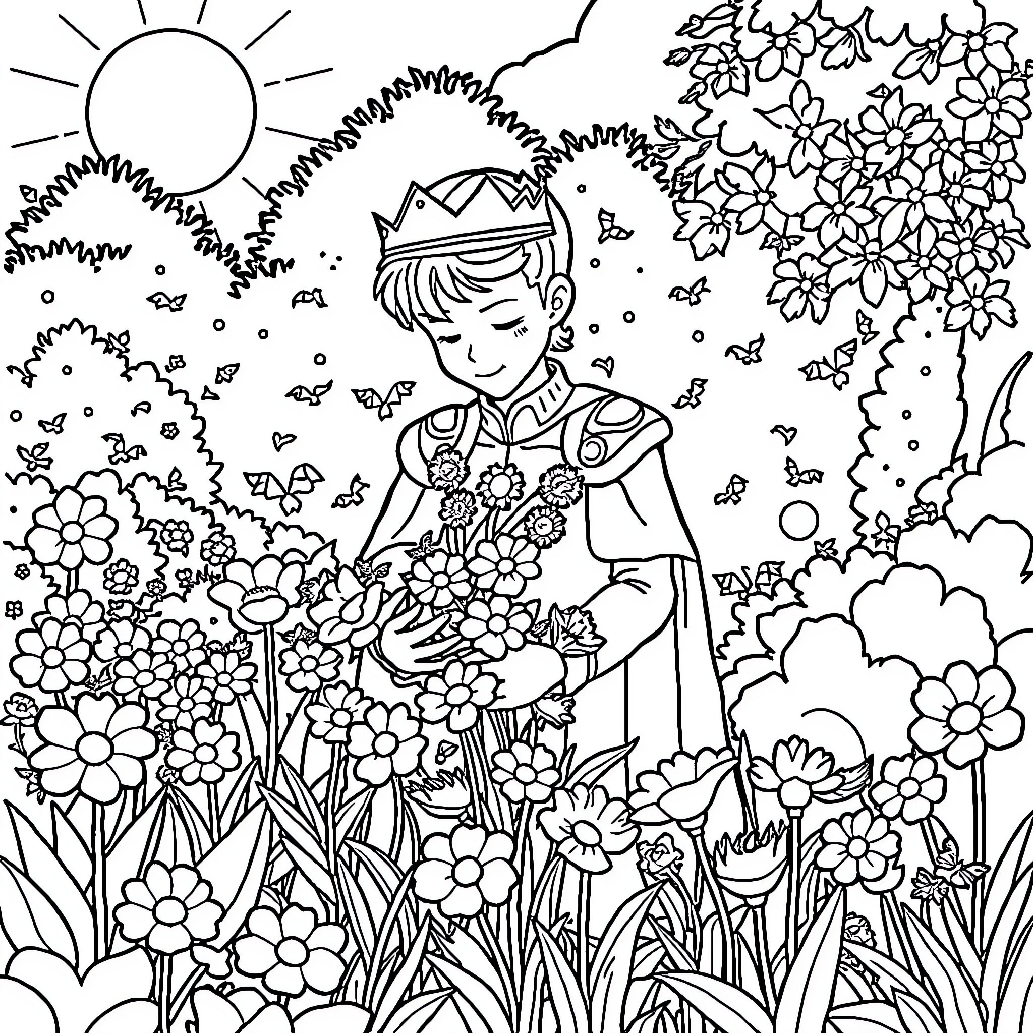 Prince among the flowers in a radiant garden Coloring Page (free black-and-white line drawing printable PDF for all, from beginners to advanced learners, including children, teens, adults, and seniors)