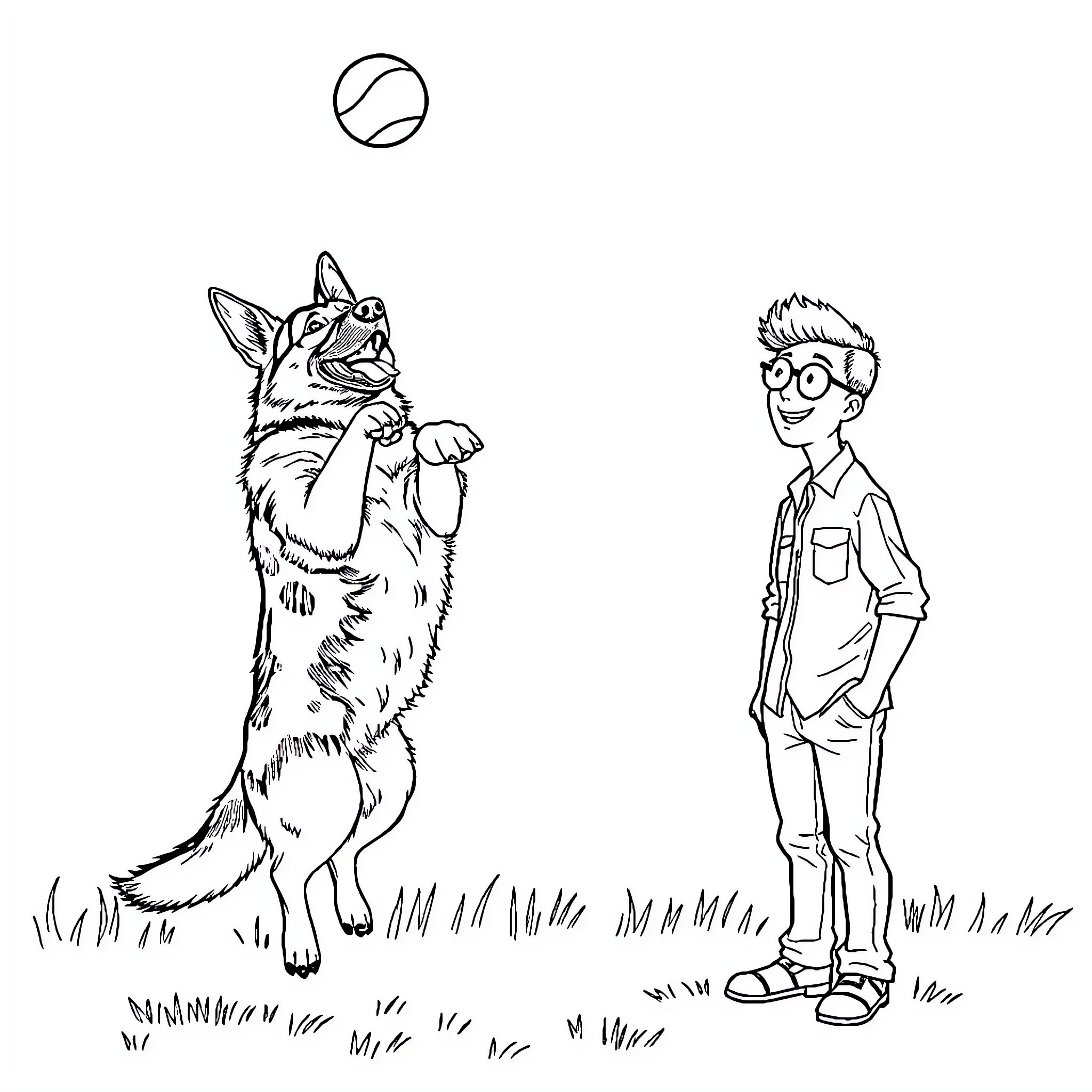 German Shepherd playing with a boy in the park Coloring Page (free black-and-white line drawing printable PDF for all, from beginners to advanced learners, including children, teens, adults, and seniors)