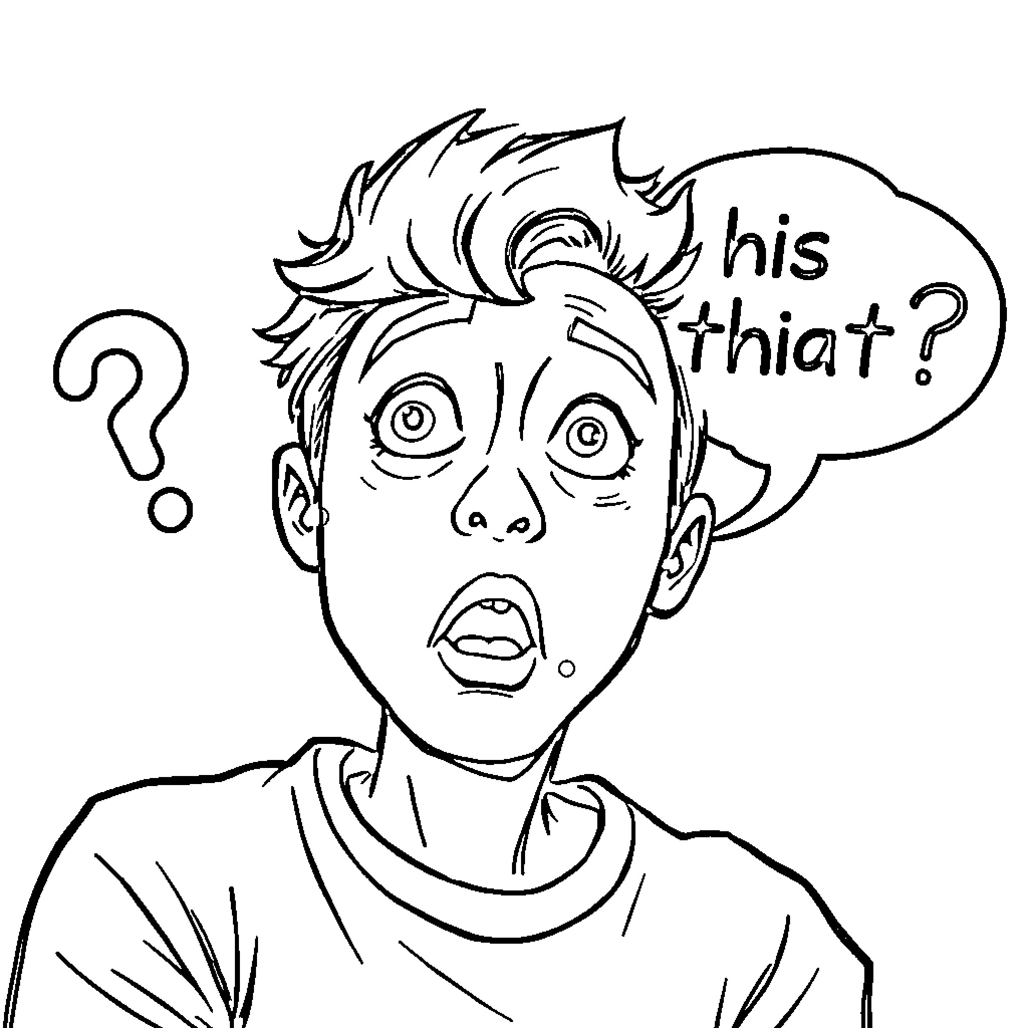 That surprised person asking a question Coloring Page (free black-and-white line drawing printable PDF for all, from beginners to advanced learners, including children, teens, adults, and seniors)