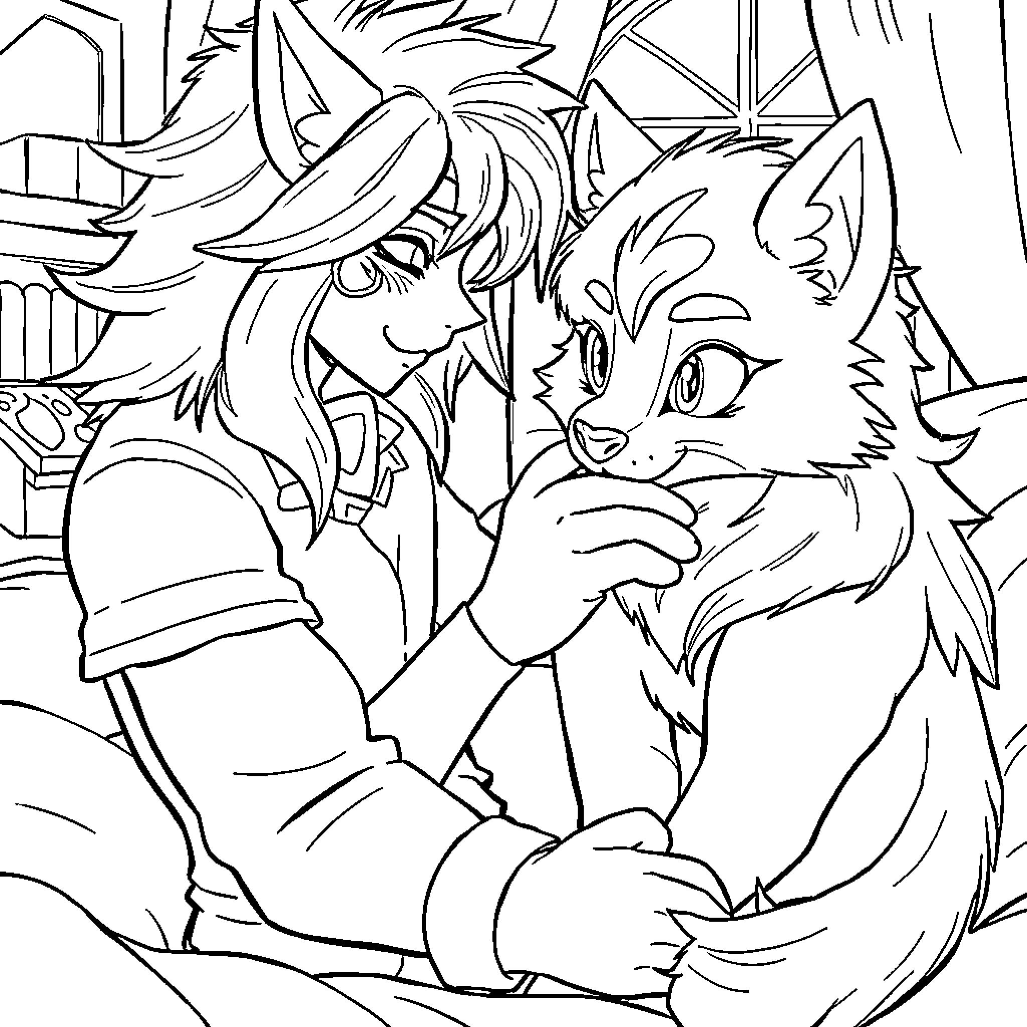 Aphmau comforting her wolf companion Coloring Page (free black-and-white line drawing printable PDF for all, from beginners to advanced learners, including children, teens, adults, and seniors)