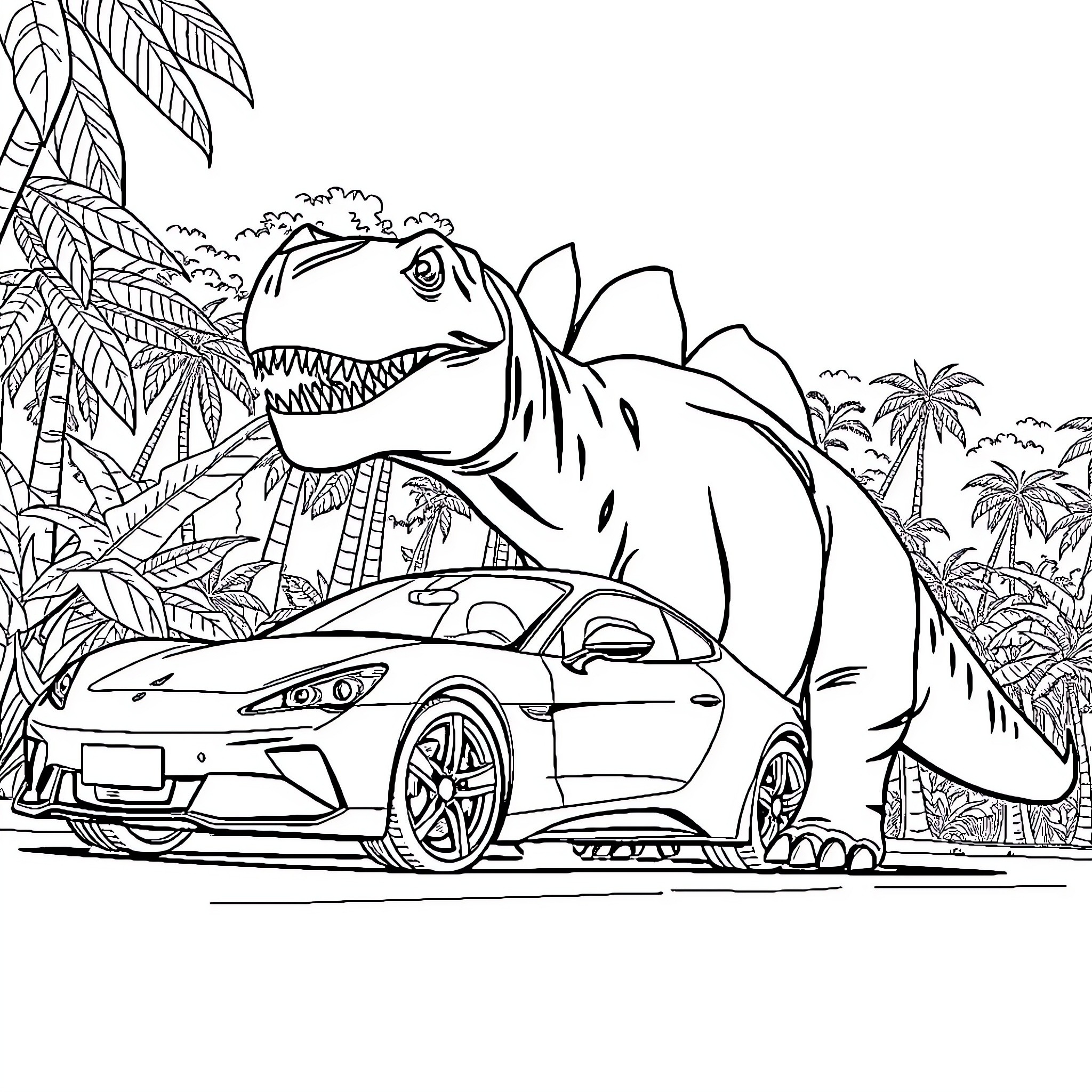 Flying Car Encounters Dinosaur in Tropical Landscape Coloring Page (free black-and-white line drawing printable PDF for all, from beginners to advanced learners, including children, teens, adults, and seniors)