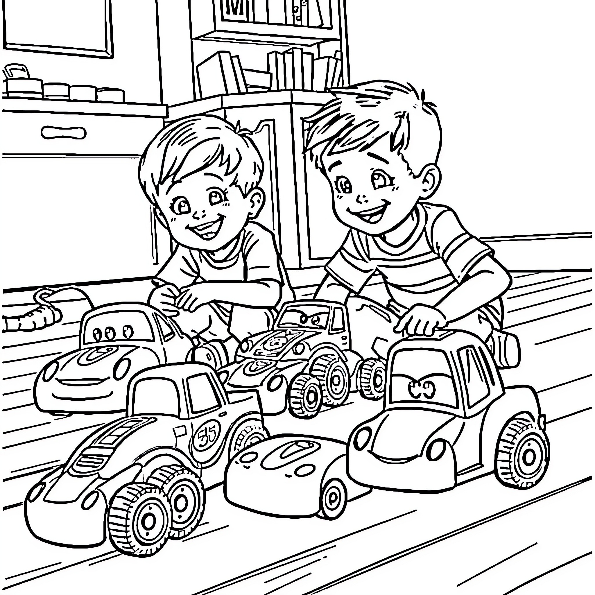 Car toys played by two young boys in a room Coloring Page (free black-and-white line drawing printable PDF for all, from beginners to advanced learners, including children, teens, adults, and seniors)