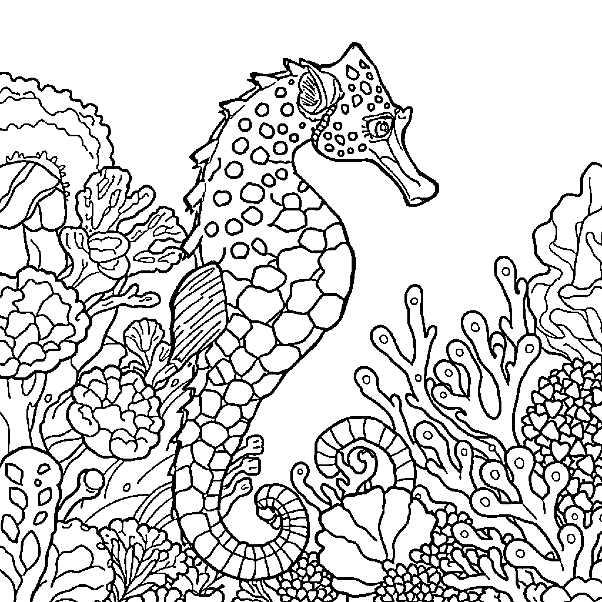 Seahorse swimming amidst vibrant underwater scenery Coloring Page (free black-and-white line drawing printable PDF for all, from beginners to advanced learners, including children, teens, adults, and seniors)
