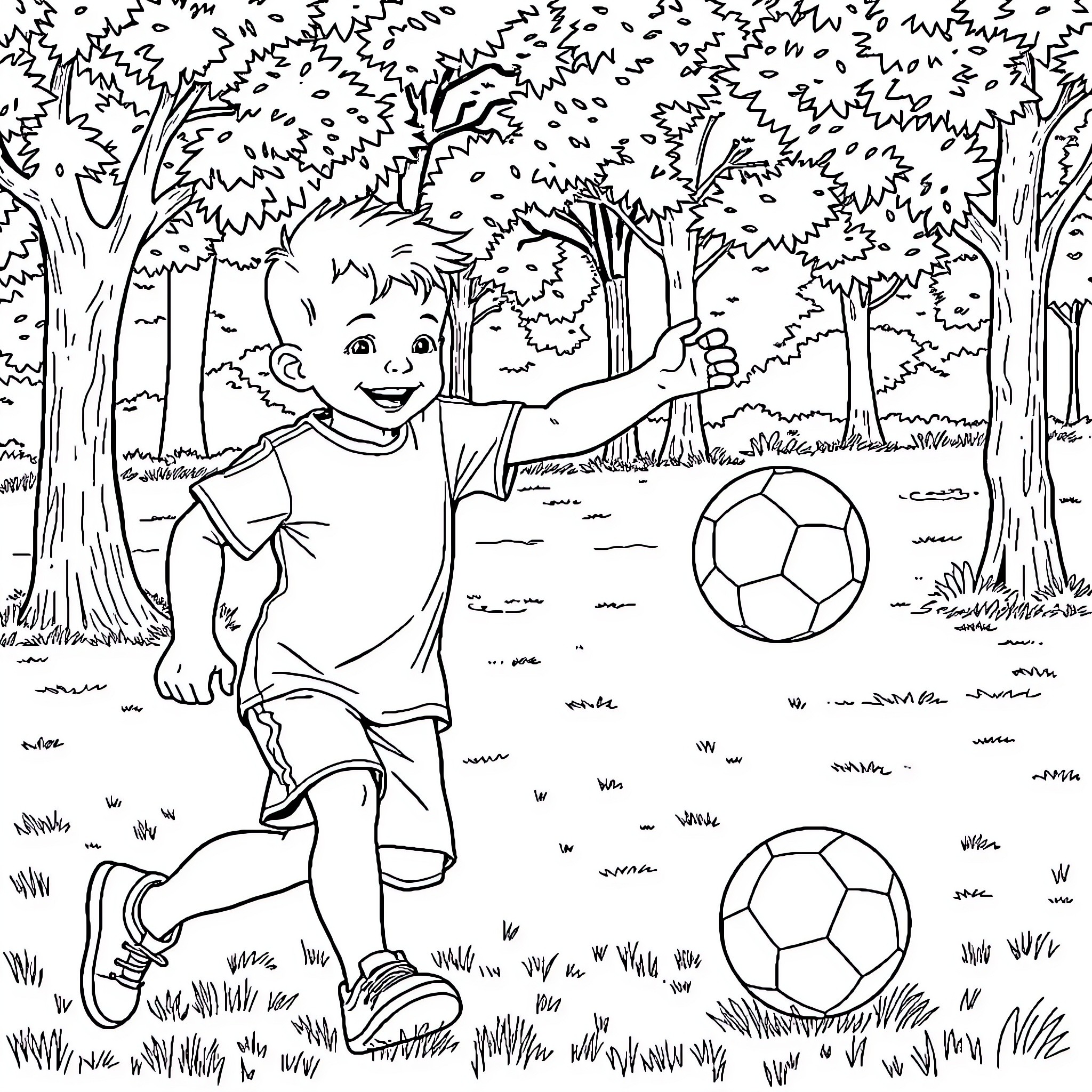 Child playing joyfully with soccer balls in the park Coloring Page (free black-and-white line drawing printable PDF for all, from beginners to advanced learners, including children, teens, adults, and seniors)
