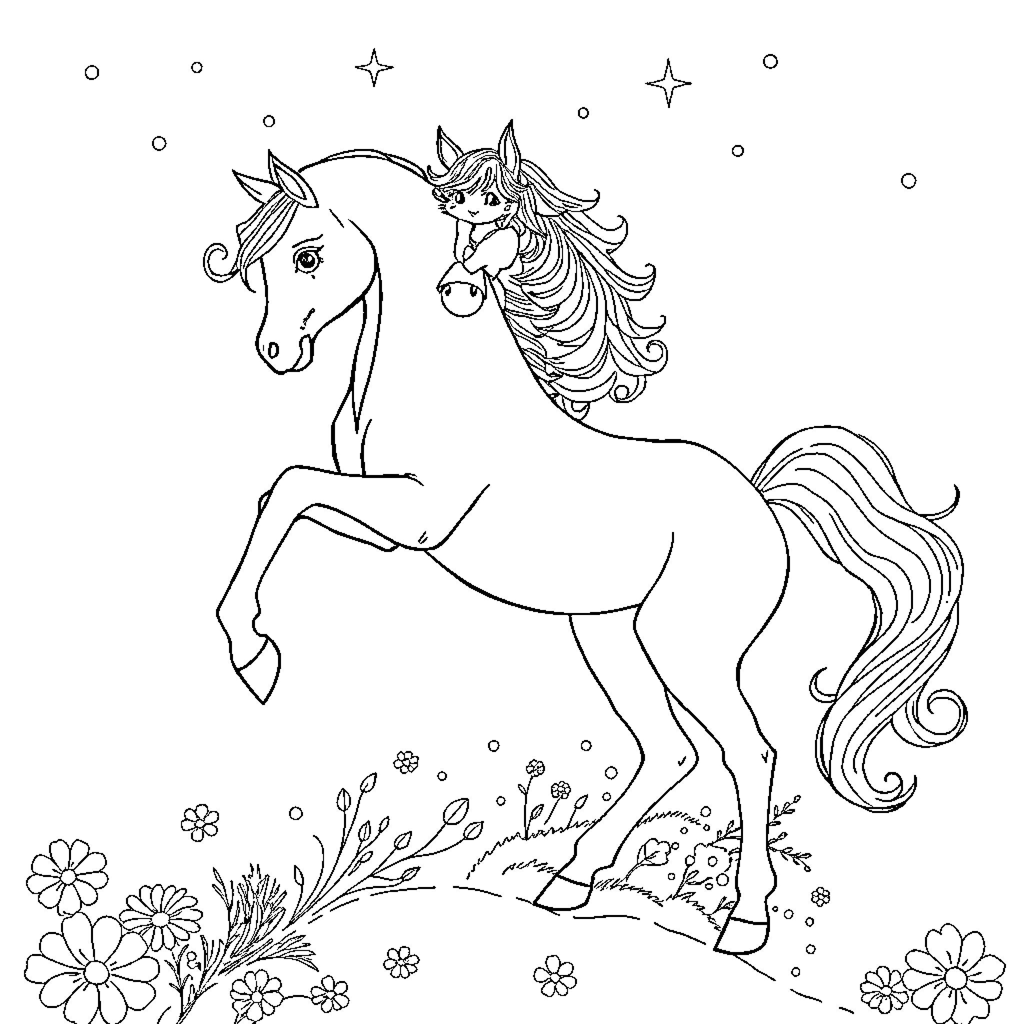 Sirena's Majestic Equine Dance in a Whimsical Meadow Coloring Page (free black-and-white line drawing printable PDF for all, from beginners to advanced learners, including children, teens, adults, and seniors)