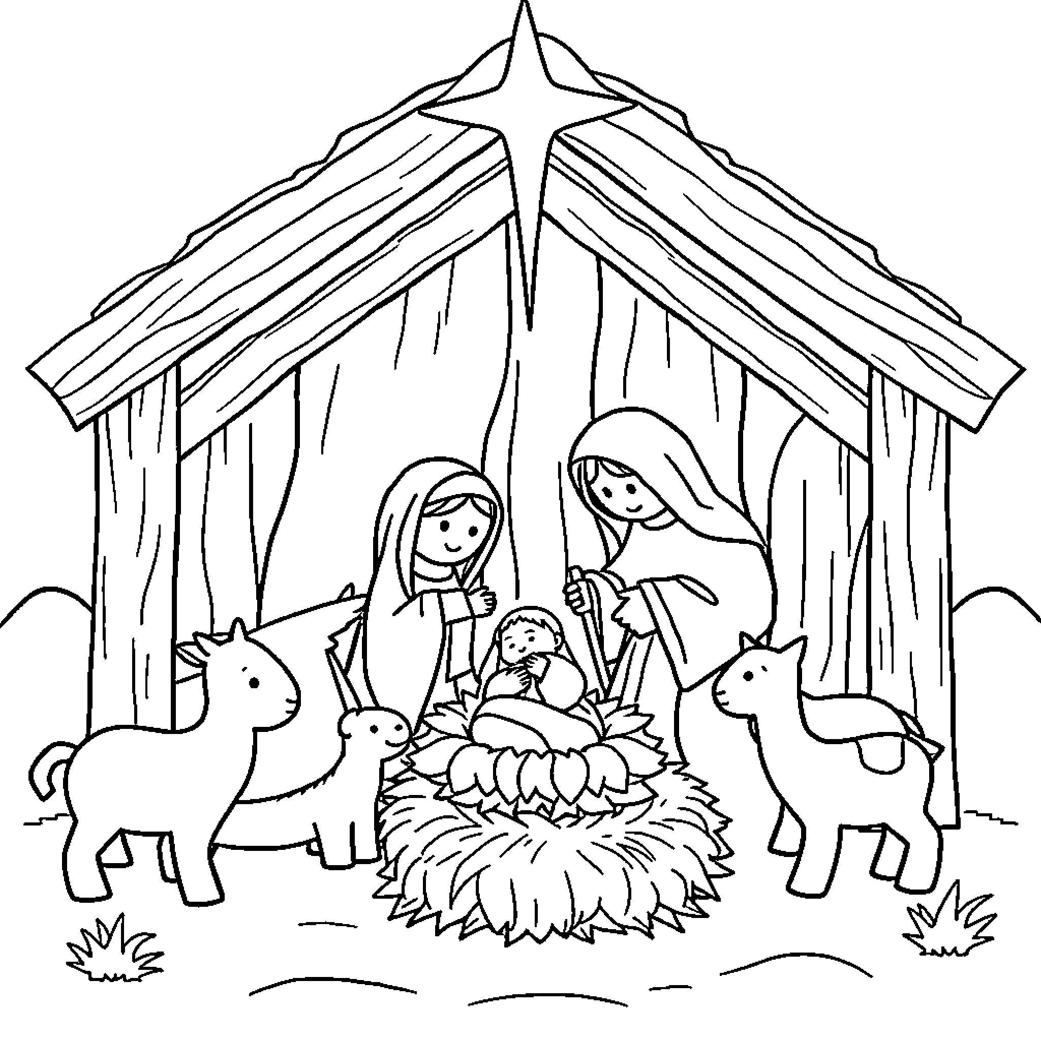 Nativity scene with baby Jesus, Mary, and animals Coloring Page (free black-and-white line drawing printable PDF for all, from beginners to advanced learners, including children, teens, adults, and seniors)