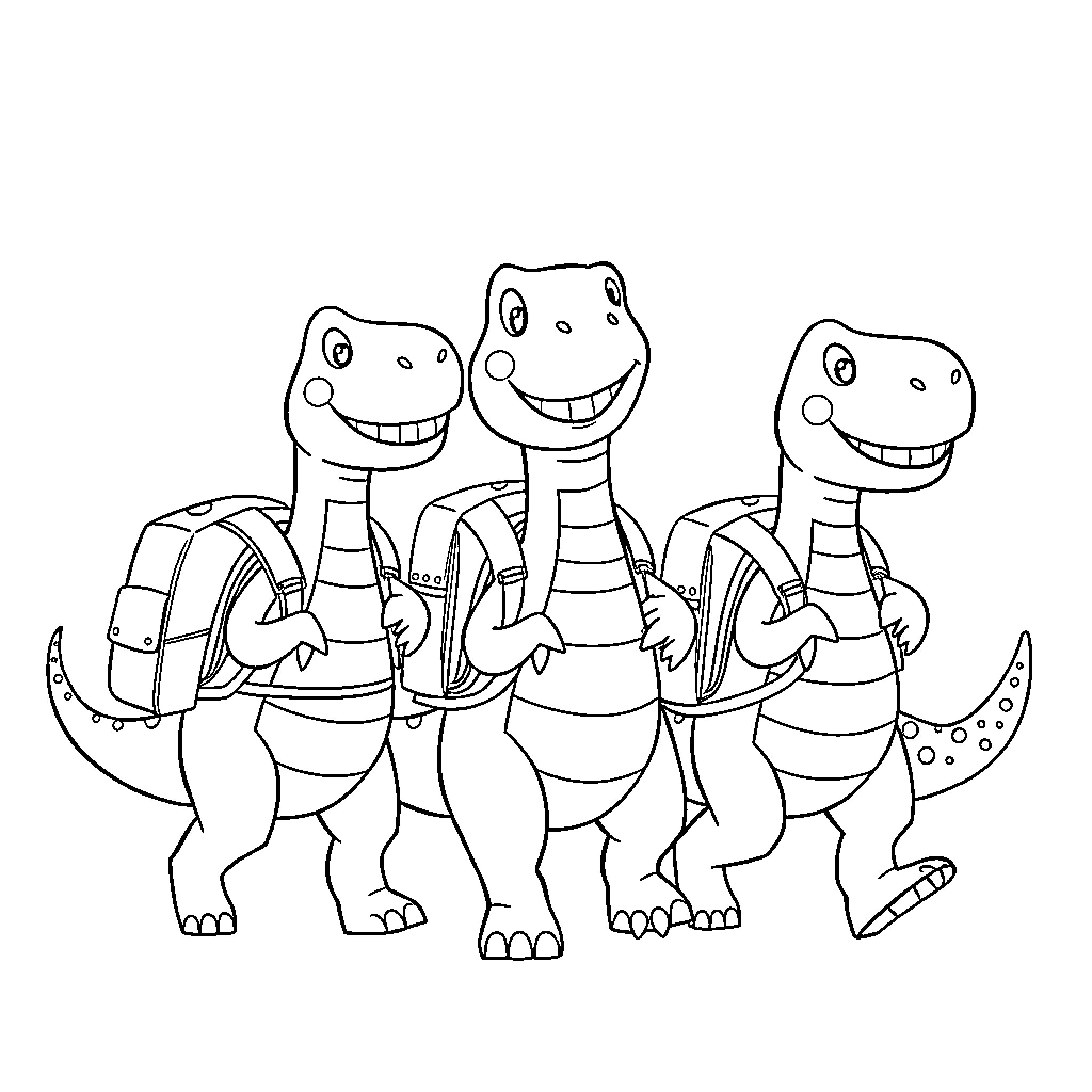 Dinosaurs on a hiking adventure Coloring Page (free black-and-white line drawing printable PDF for all, from beginners to advanced learners, including children, teens, adults, and seniors)