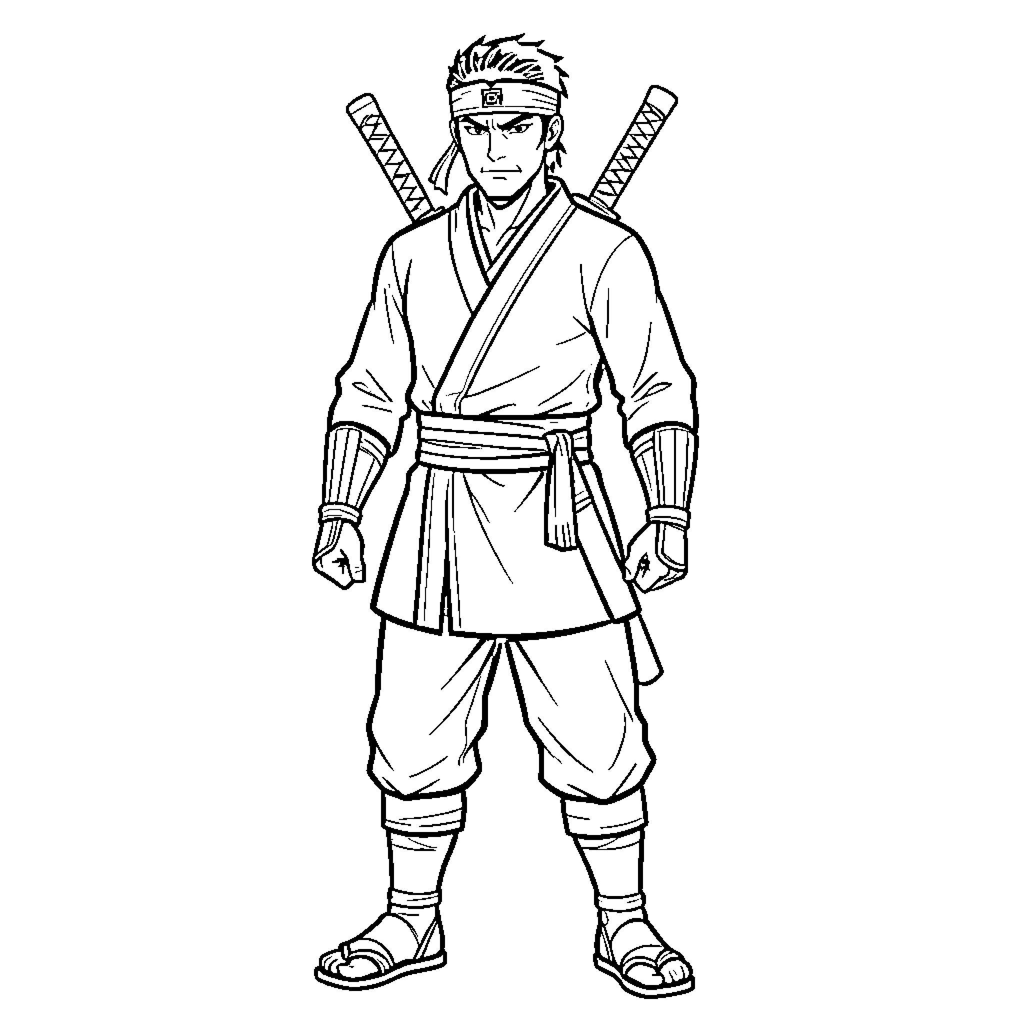 Shinobi standing ready with twin swords on back Coloring Page (free black-and-white line drawing printable PDF for all, from beginners to advanced learners, including children, teens, adults, and seniors)