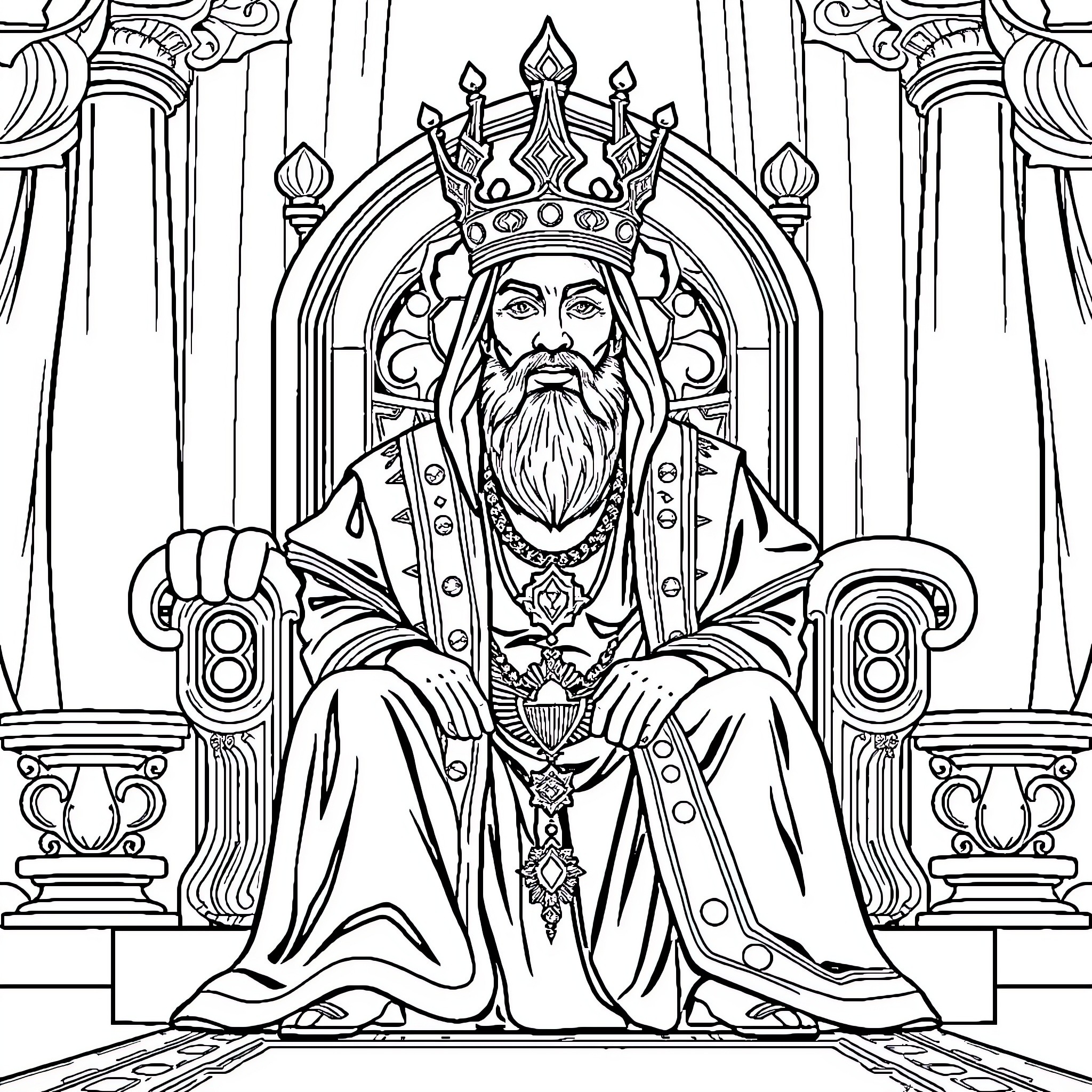 King Nasir on the Throne in Ornate Regalia Coloring Page (free black-and-white line drawing printable PDF for all, from beginners to advanced learners, including children, teens, adults, and seniors)