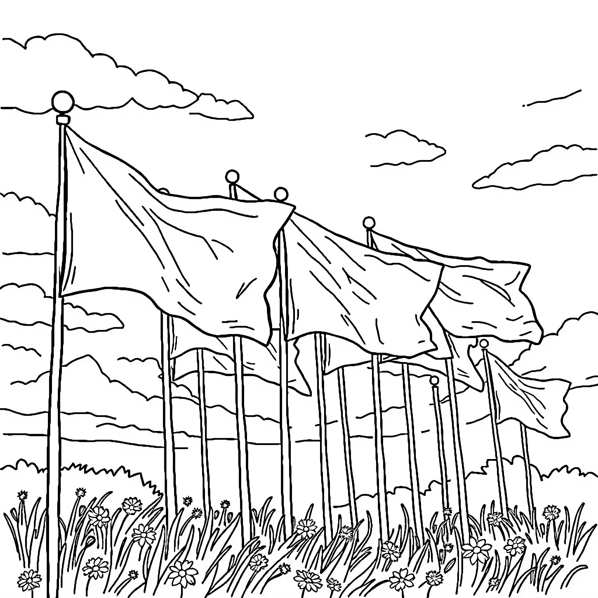 Flag display waving proudly in the scenic landscape Coloring Page (free black-and-white line drawing printable PDF for all, from beginners to advanced learners, including children, teens, adults, and seniors)