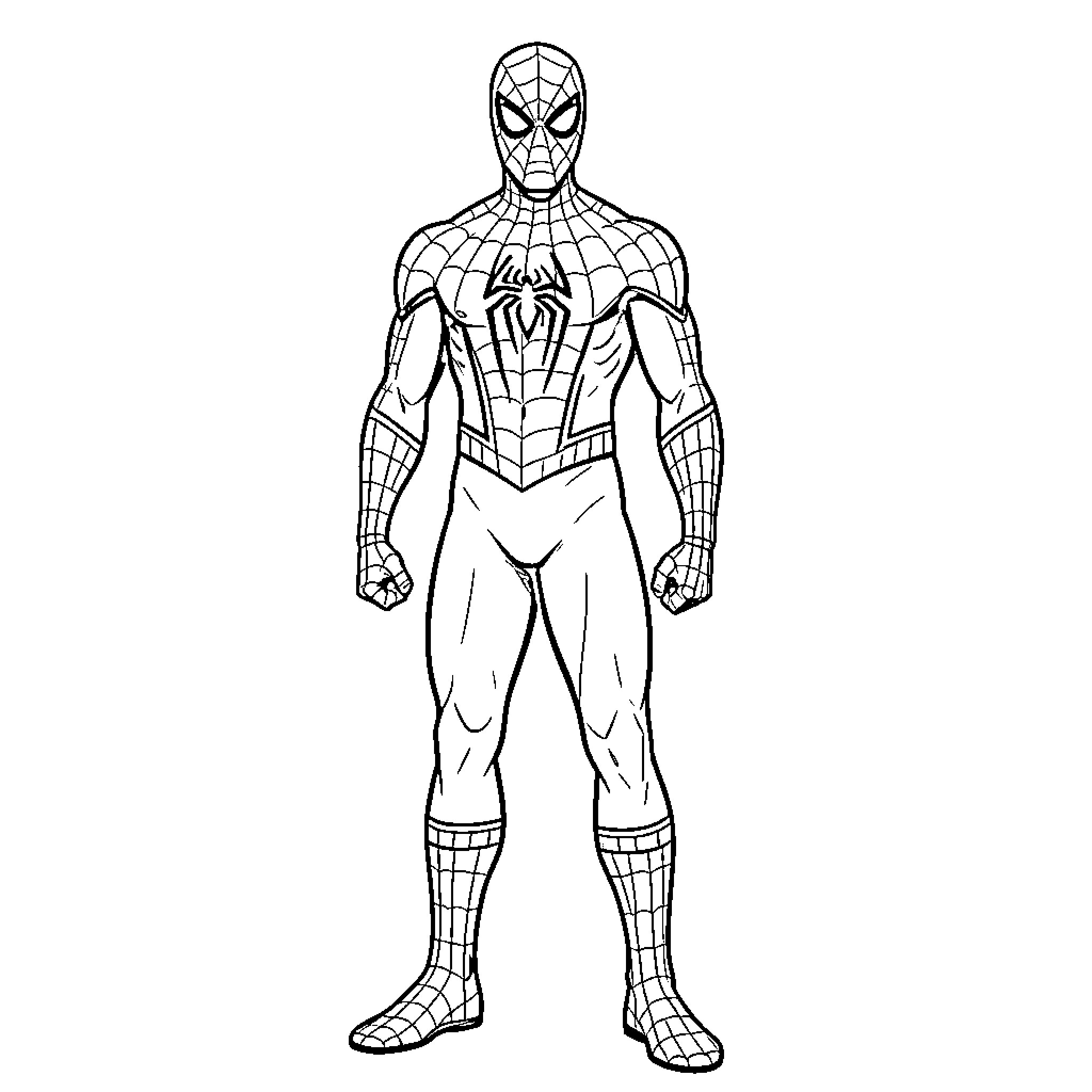Spiderman in iconic superhero pose Coloring Page (free black-and-white line drawing printable PDF for all, from beginners to advanced learners, including children, teens, adults, and seniors)