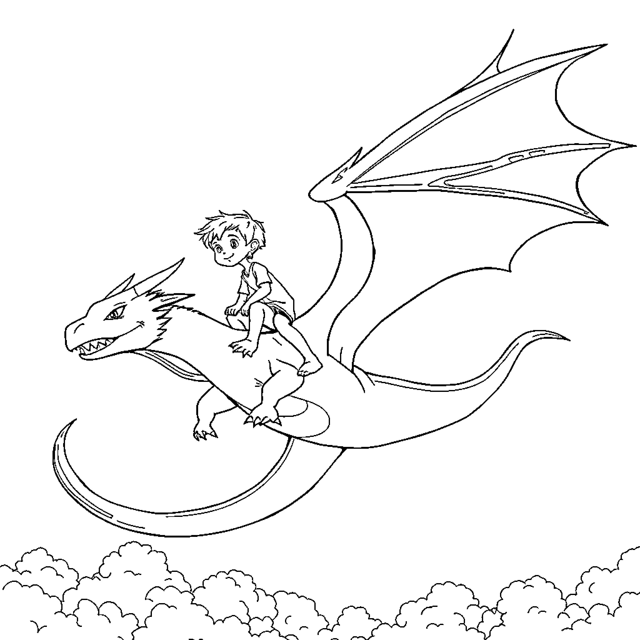 Boy riding magical dragon through the sky Coloring Page (free black-and-white line drawing printable PDF for all, from beginners to advanced learners, including children, teens, adults, and seniors)