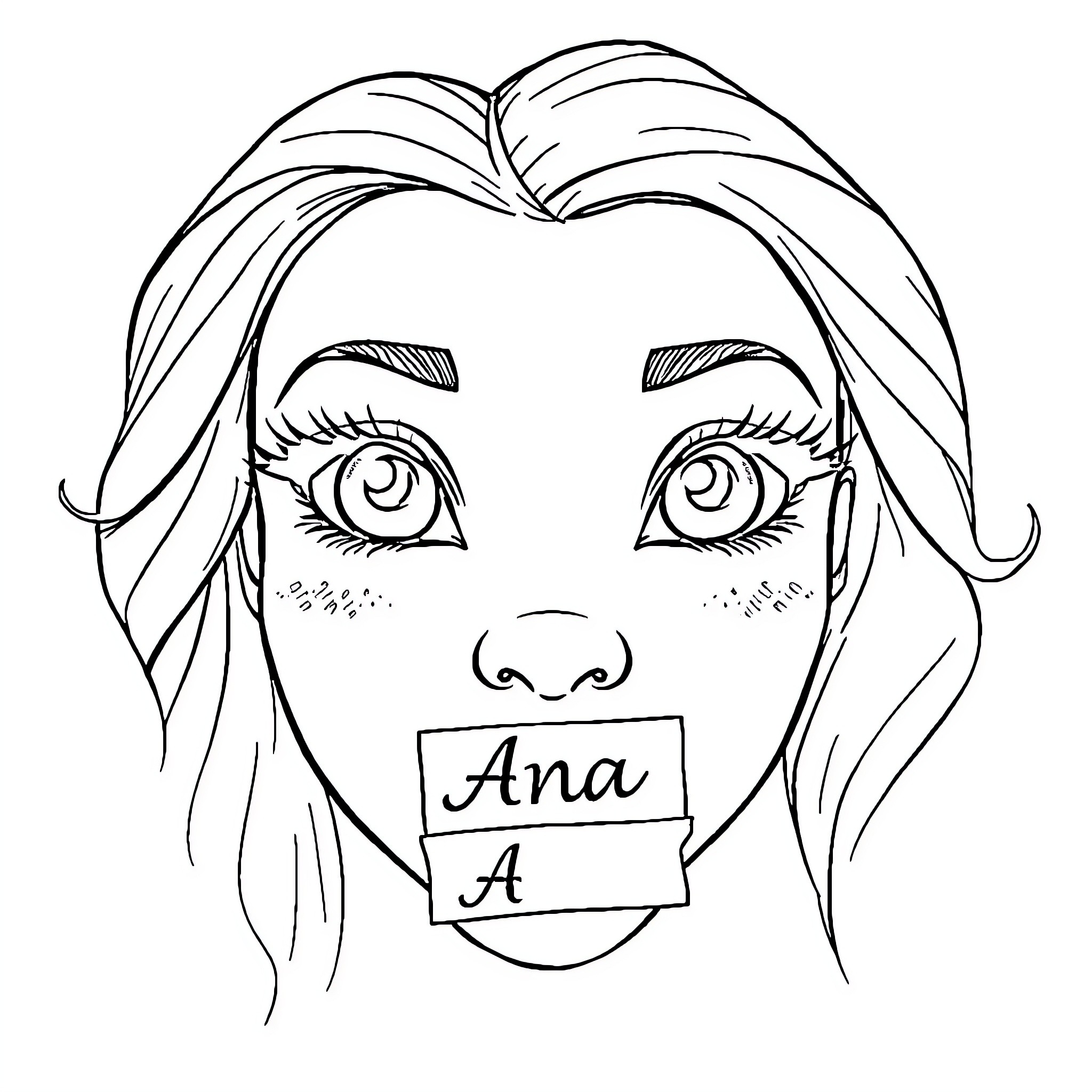 Doll with expressive eyes and nameplate Coloring Page (free black-and-white line drawing printable PDF for all, from beginners to advanced learners, including children, teens, adults, and seniors)