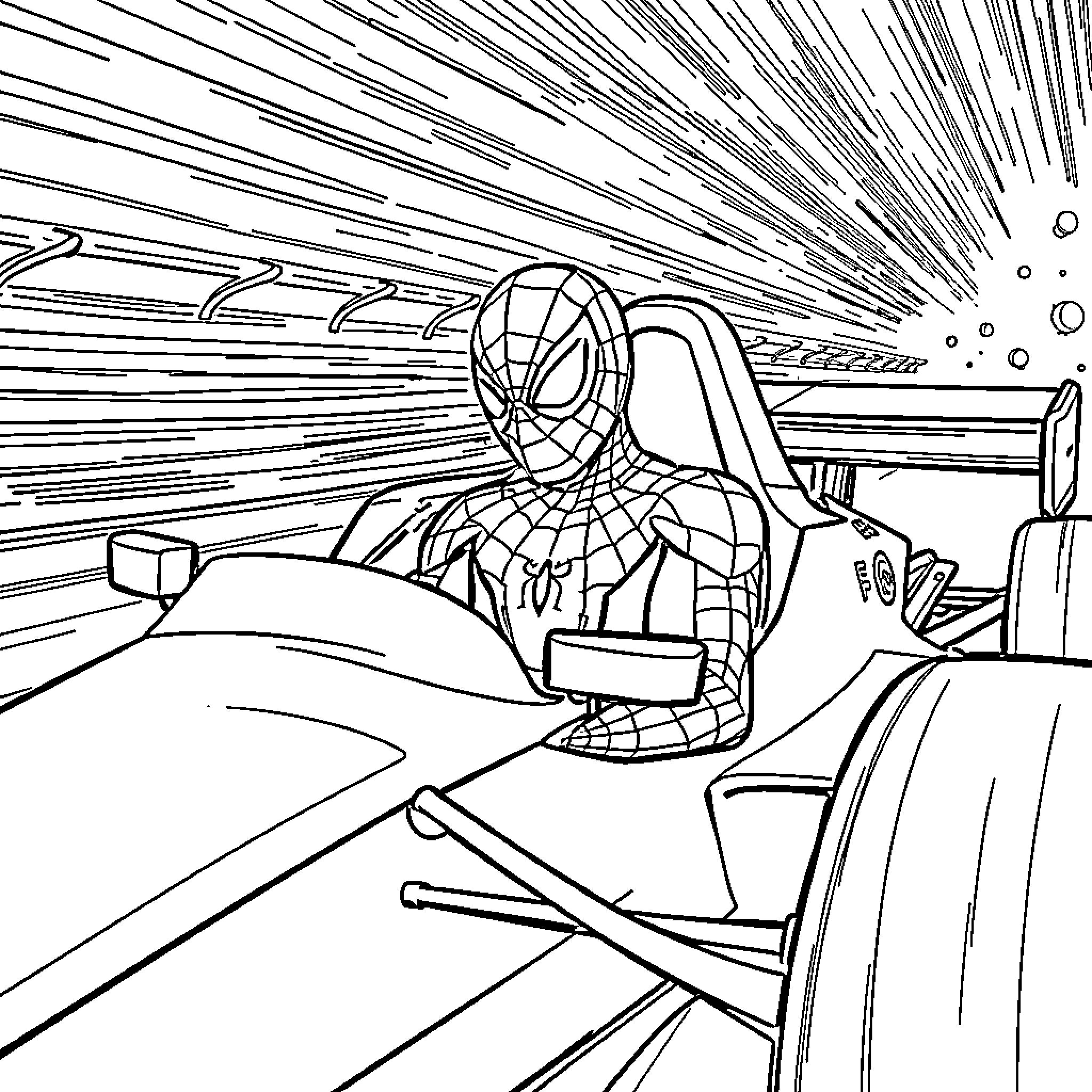 Spiderman swinging through the city in action Coloring Page (free black-and-white line drawing printable PDF for all, from beginners to advanced learners, including children, teens, adults, and seniors)