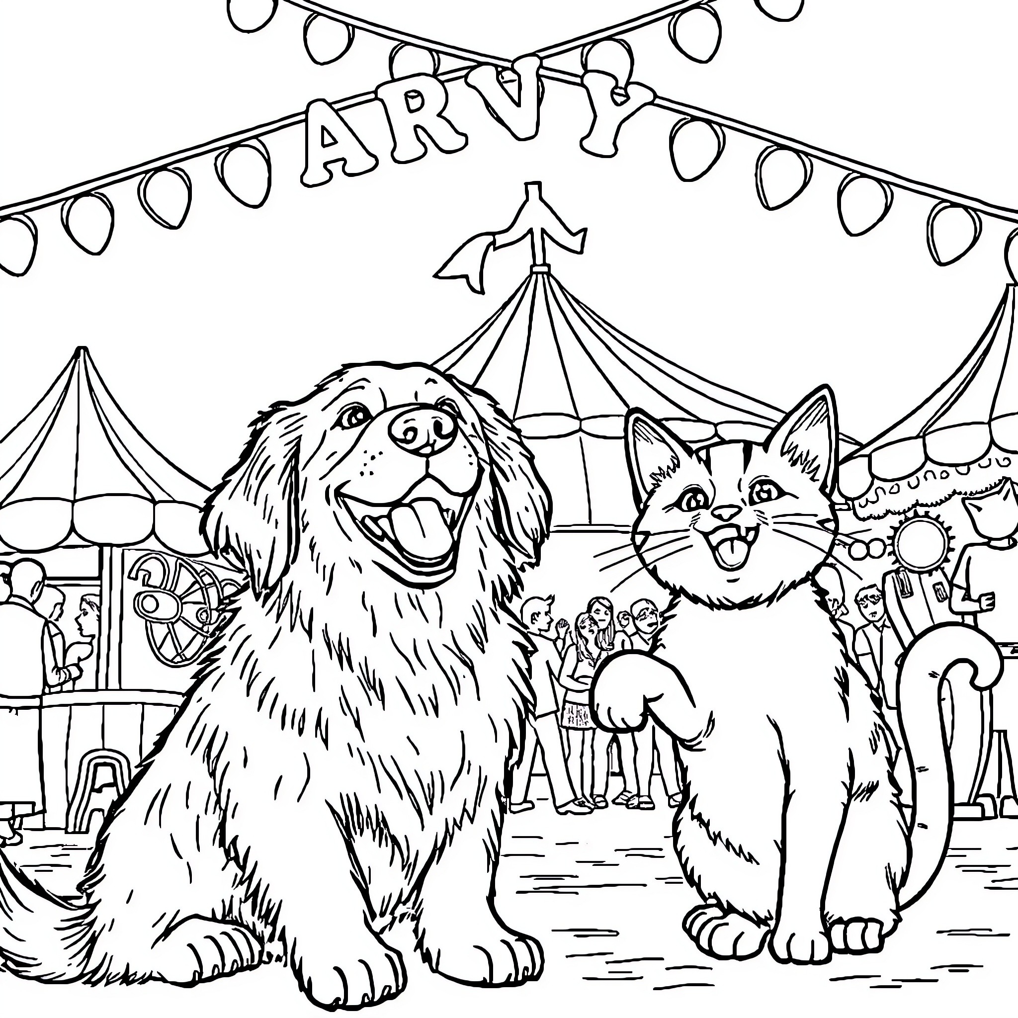 Golden Retriever and Cat at the Carnival Coloring Page (free black-and-white line drawing printable PDF for all, from beginners to advanced learners, including children, teens, adults, and seniors)