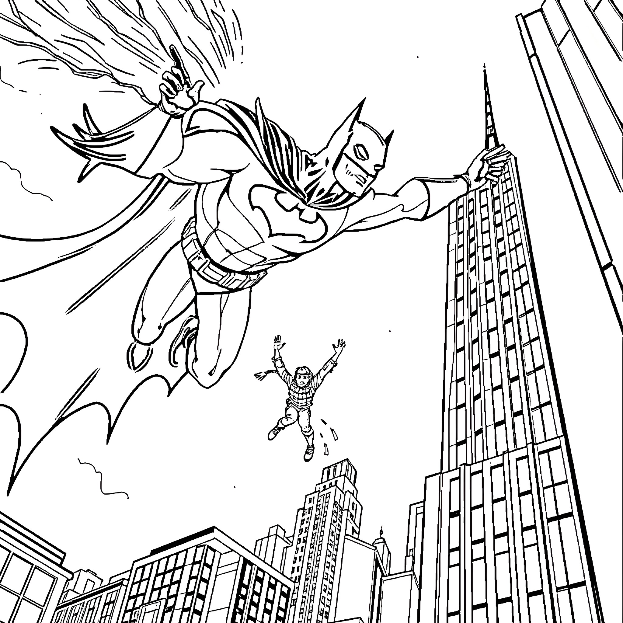 Batman heroically soaring over the city skyline Coloring Page (free black-and-white line drawing printable PDF for all, from beginners to advanced learners, including children, teens, adults, and seniors)