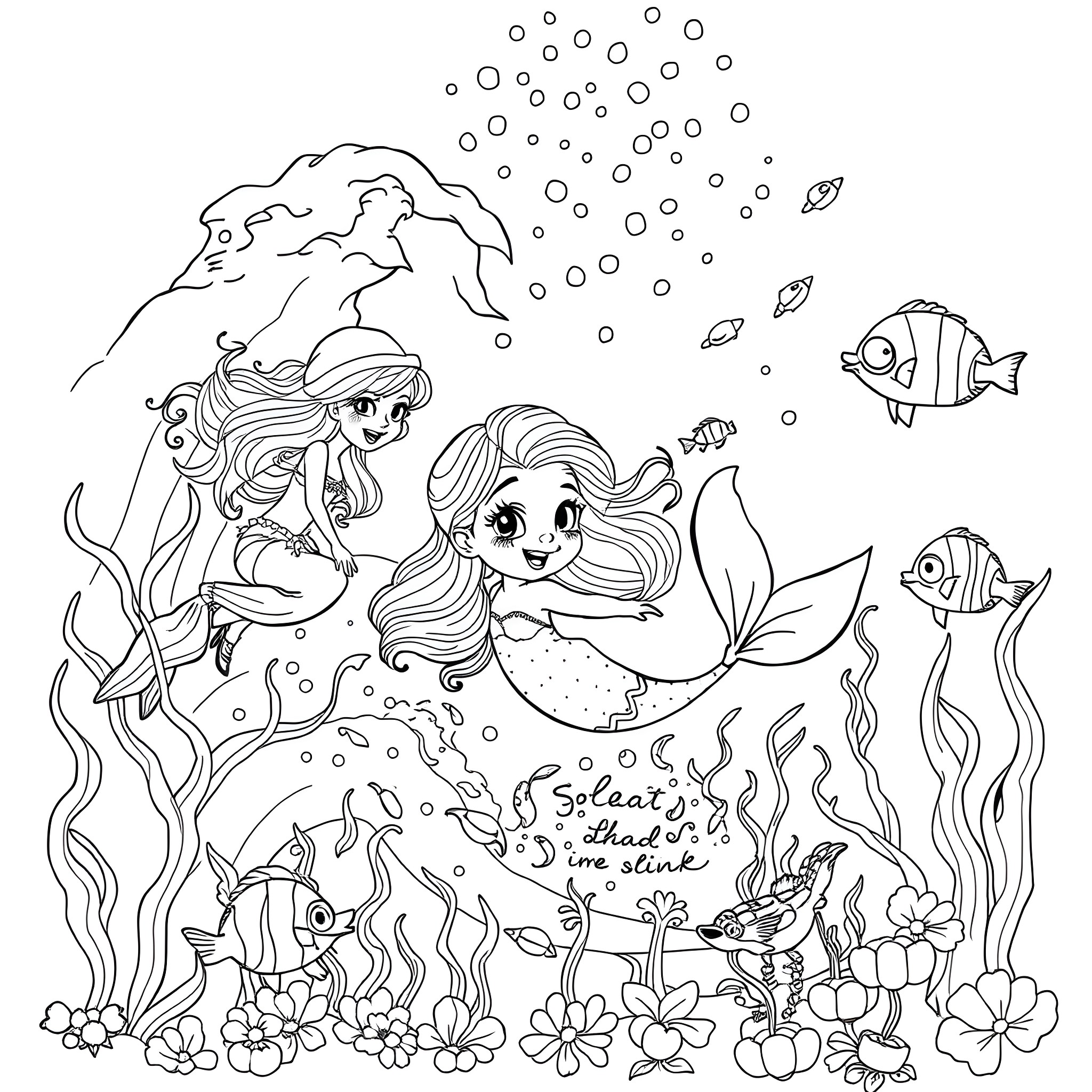 Bluey's Underwater Adventure with Sea Creatures Coloring Page (free black-and-white line drawing printable PDF for all, from beginners to advanced learners, including children, teens, adults, and seniors)