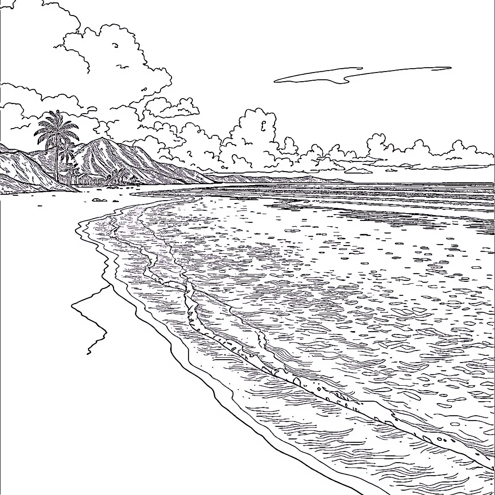Beach with scenic landscape and waves Coloring Page (free black-and-white line drawing printable PDF for all, from beginners to advanced learners, including children, teens, adults, and seniors)