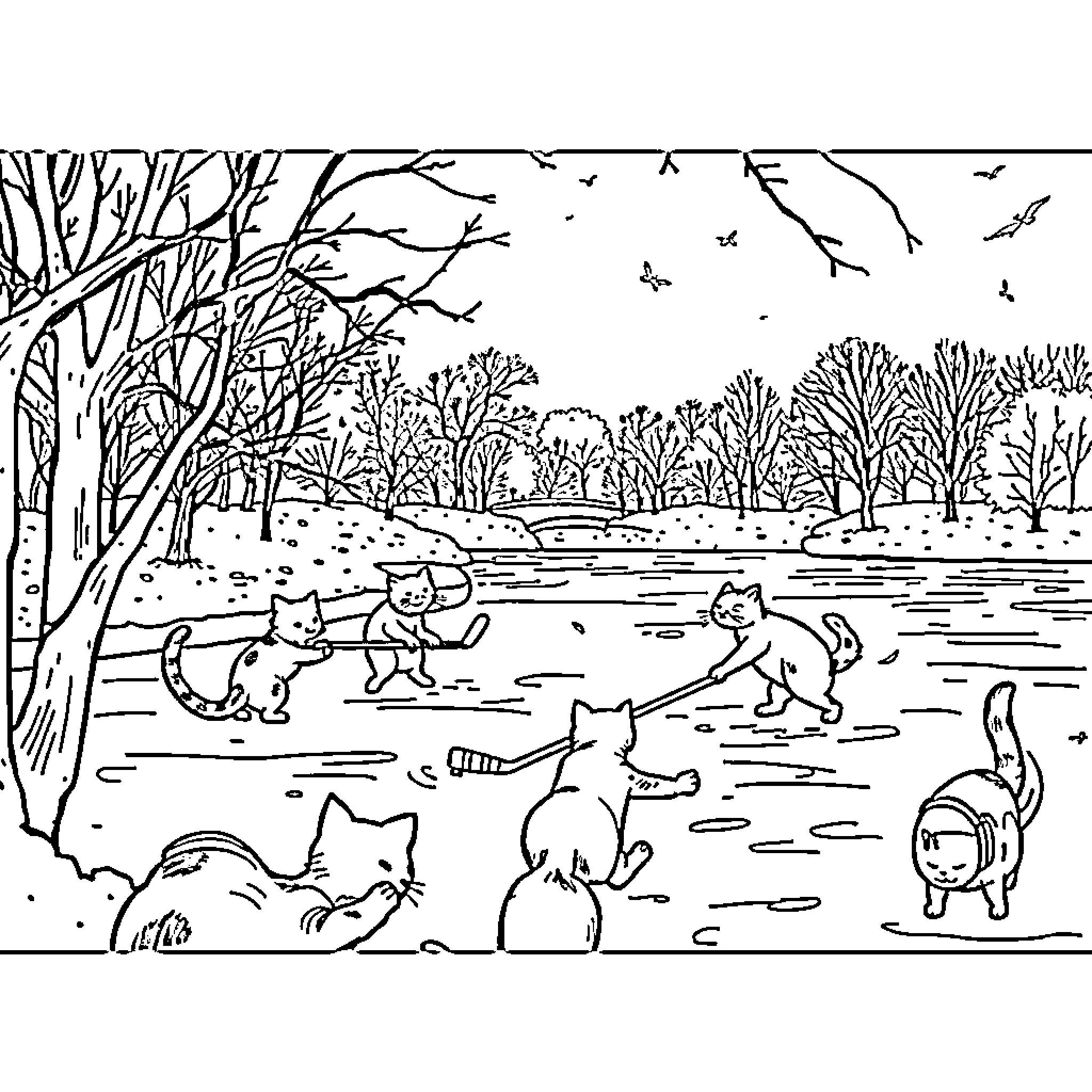 Cats playing in the winter forest Coloring Page (free black-and-white line drawing printable PDF for all, from beginners to advanced learners, including children, teens, adults, and seniors)