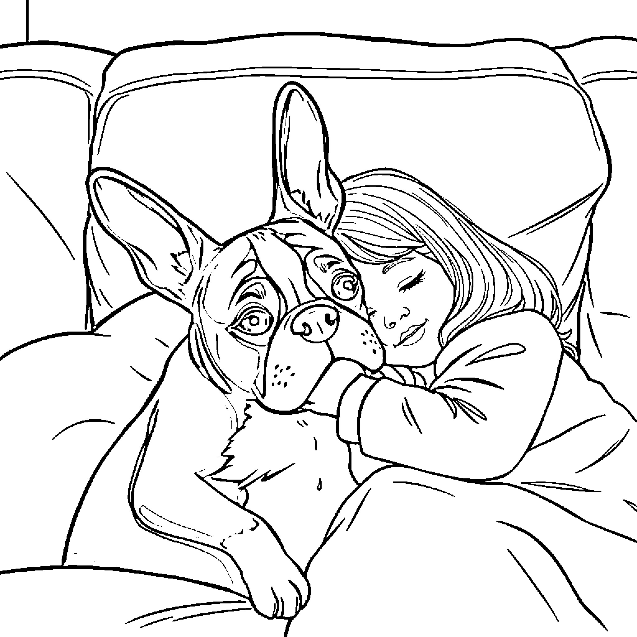 Boston Terrier cuddling with a person in a cozy setting Coloring Page (free black-and-white line drawing printable PDF for all, from beginners to advanced learners, including children, teens, adults, and seniors)