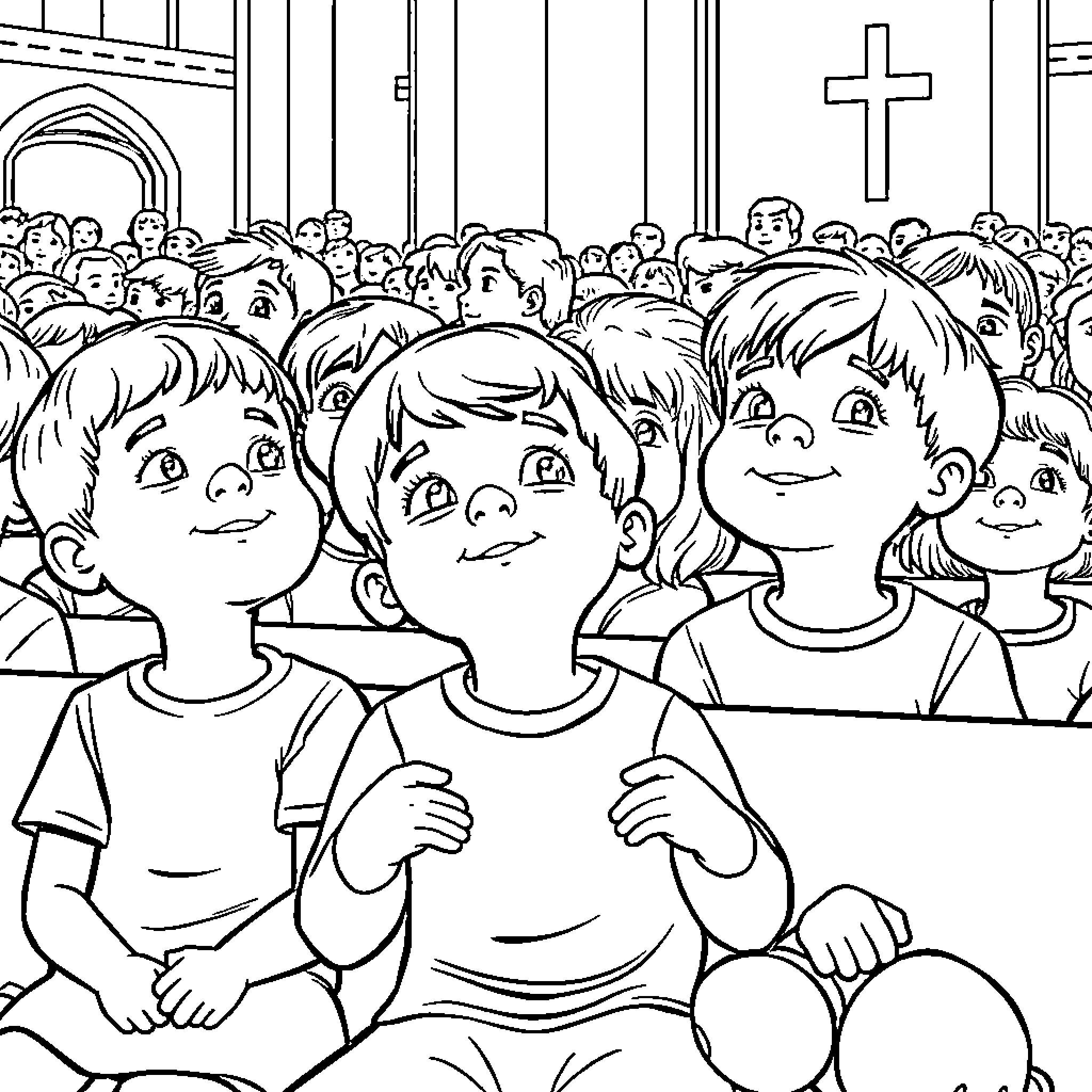 Kid Attending Church Service with Others Coloring Page (free black-and-white line drawing printable PDF for all, from beginners to advanced learners, including children, teens, adults, and seniors)