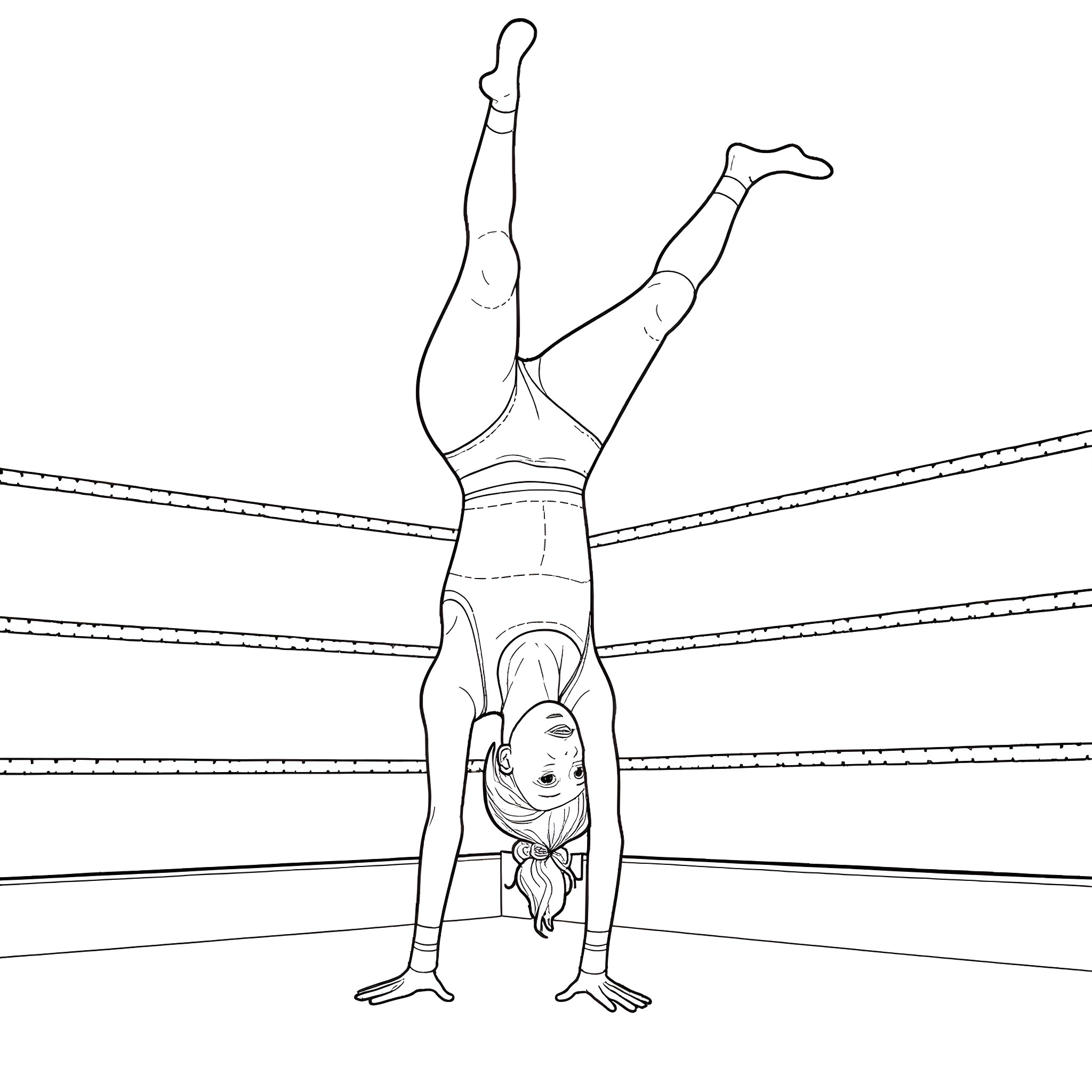 Wrestler performing a handstand on the ring Coloring Page (free black-and-white line drawing printable PDF for all, from beginners to advanced learners, including children, teens, adults, and seniors)