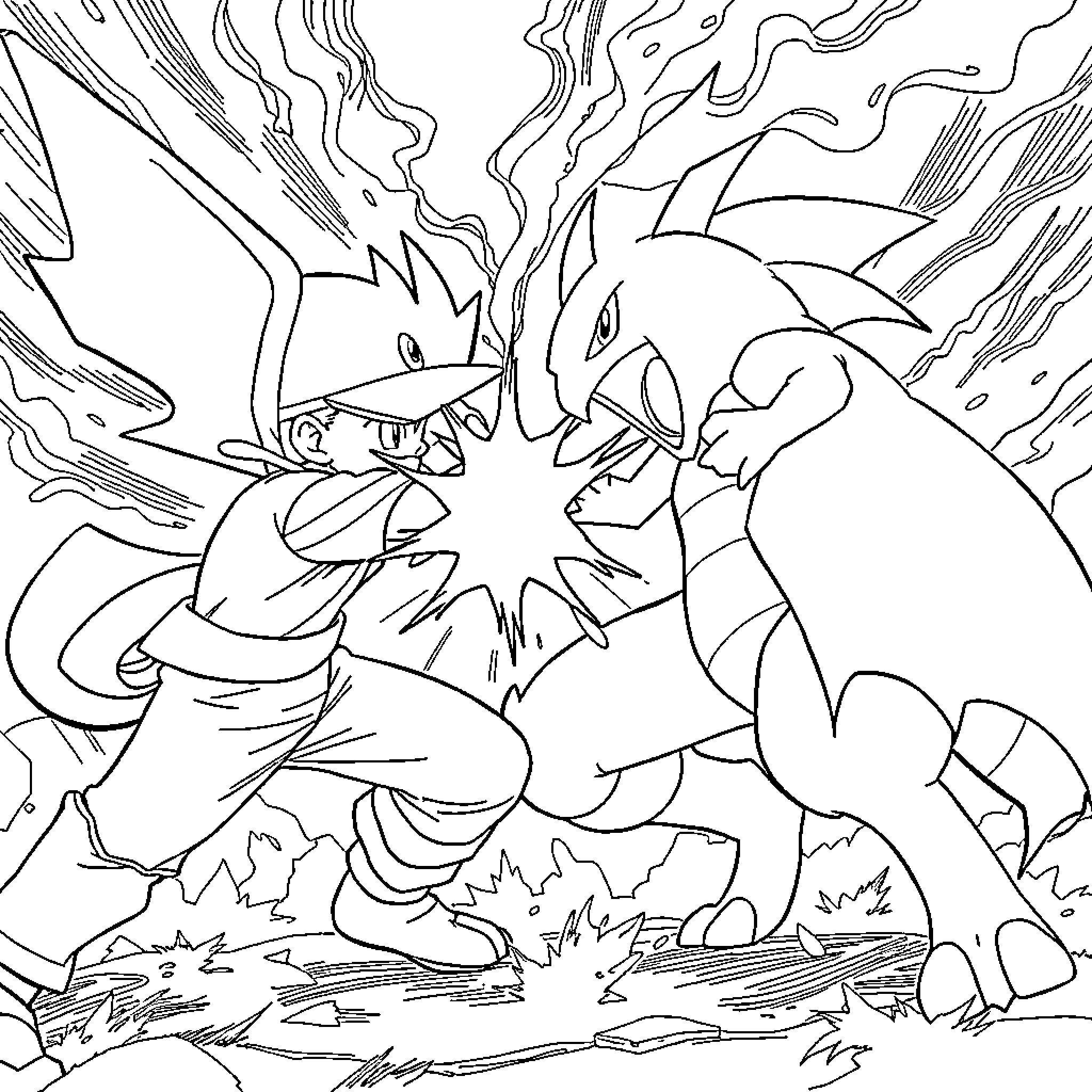 Ash's Fierce Clash with a Formidable Foe Coloring Page (free black-and-white line drawing printable PDF for all, from beginners to advanced learners, including children, teens, adults, and seniors)