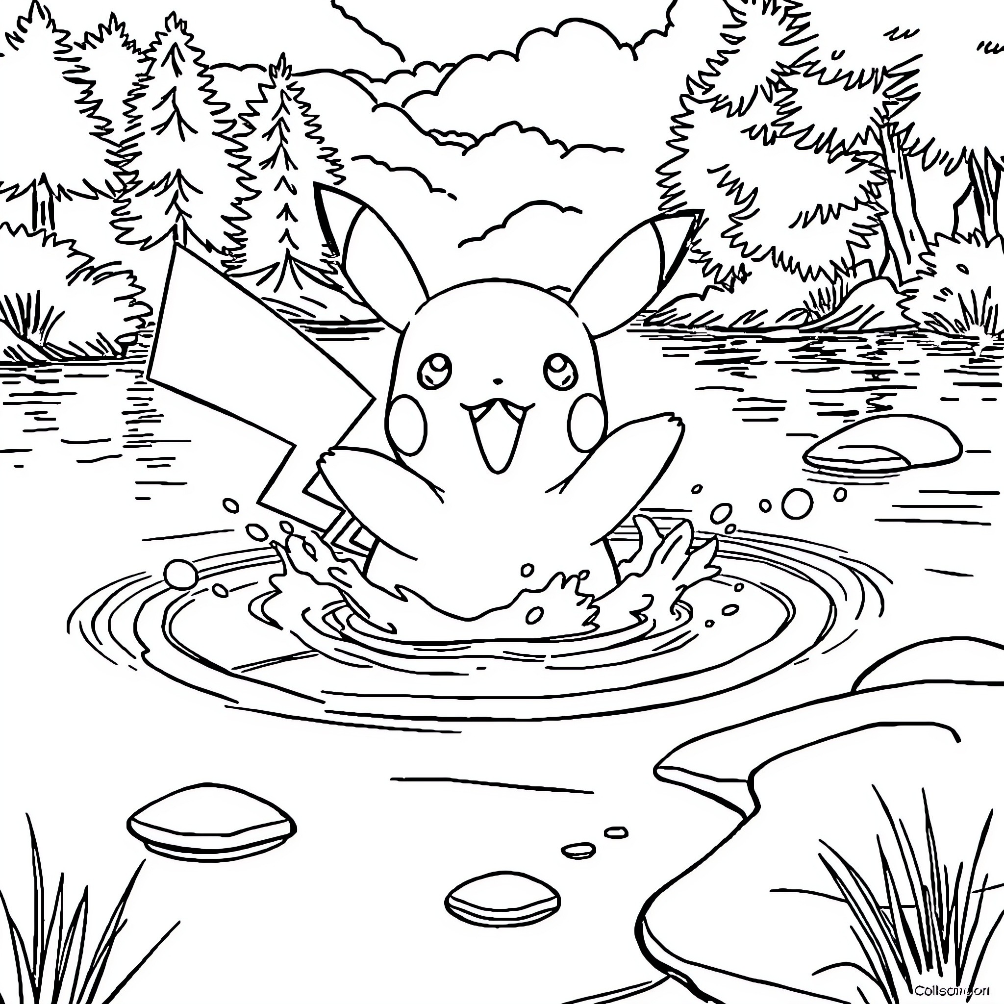 Pikachu playing in a nature scene Coloring Page (free black-and-white line drawing printable PDF for all, from beginners to advanced learners, including children, teens, adults, and seniors)