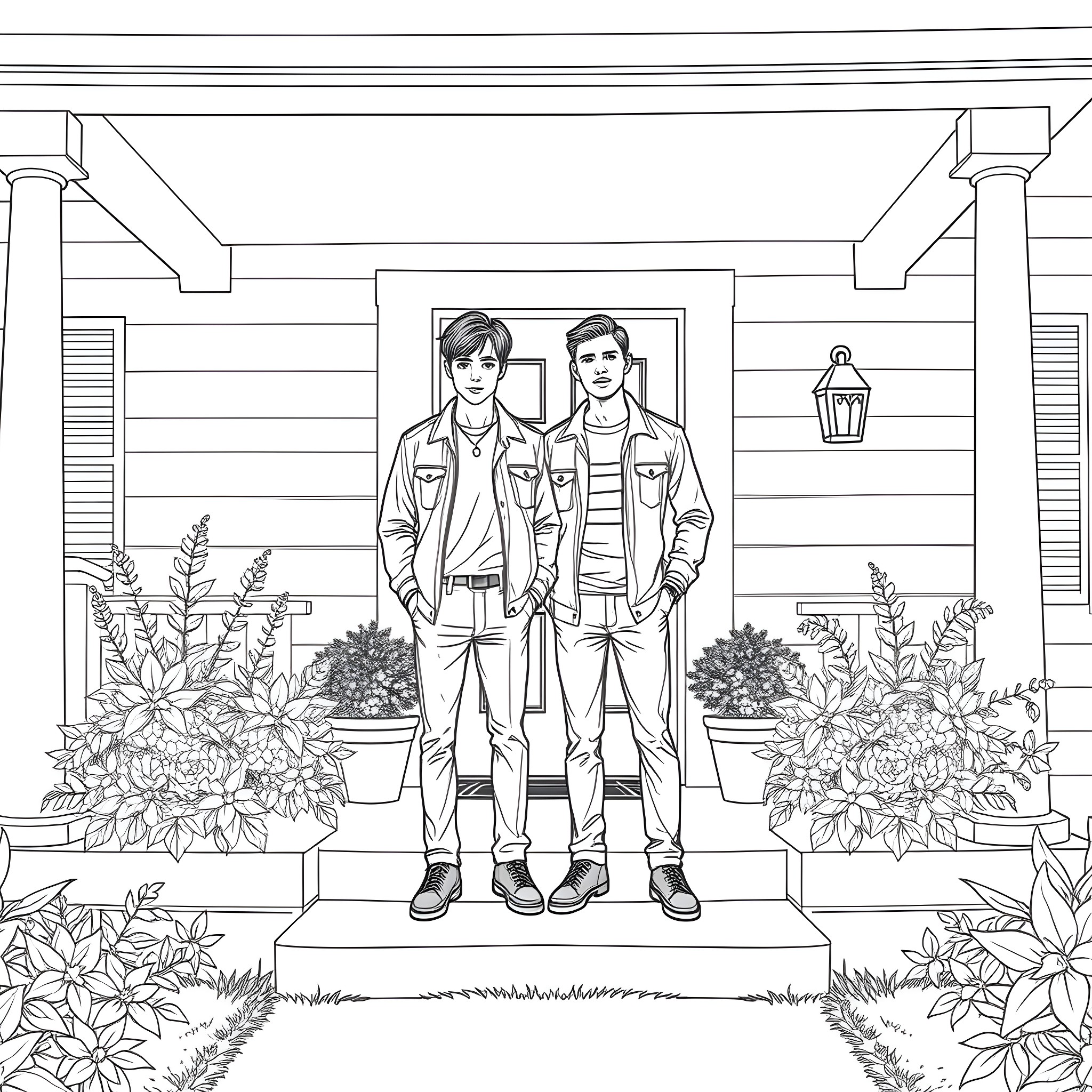 Teen Guys Posing on Porch of Rustic Cabin Coloring Page (free black-and-white line drawing printable PDF for all, from beginners to advanced learners, including children, teens, adults, and seniors)