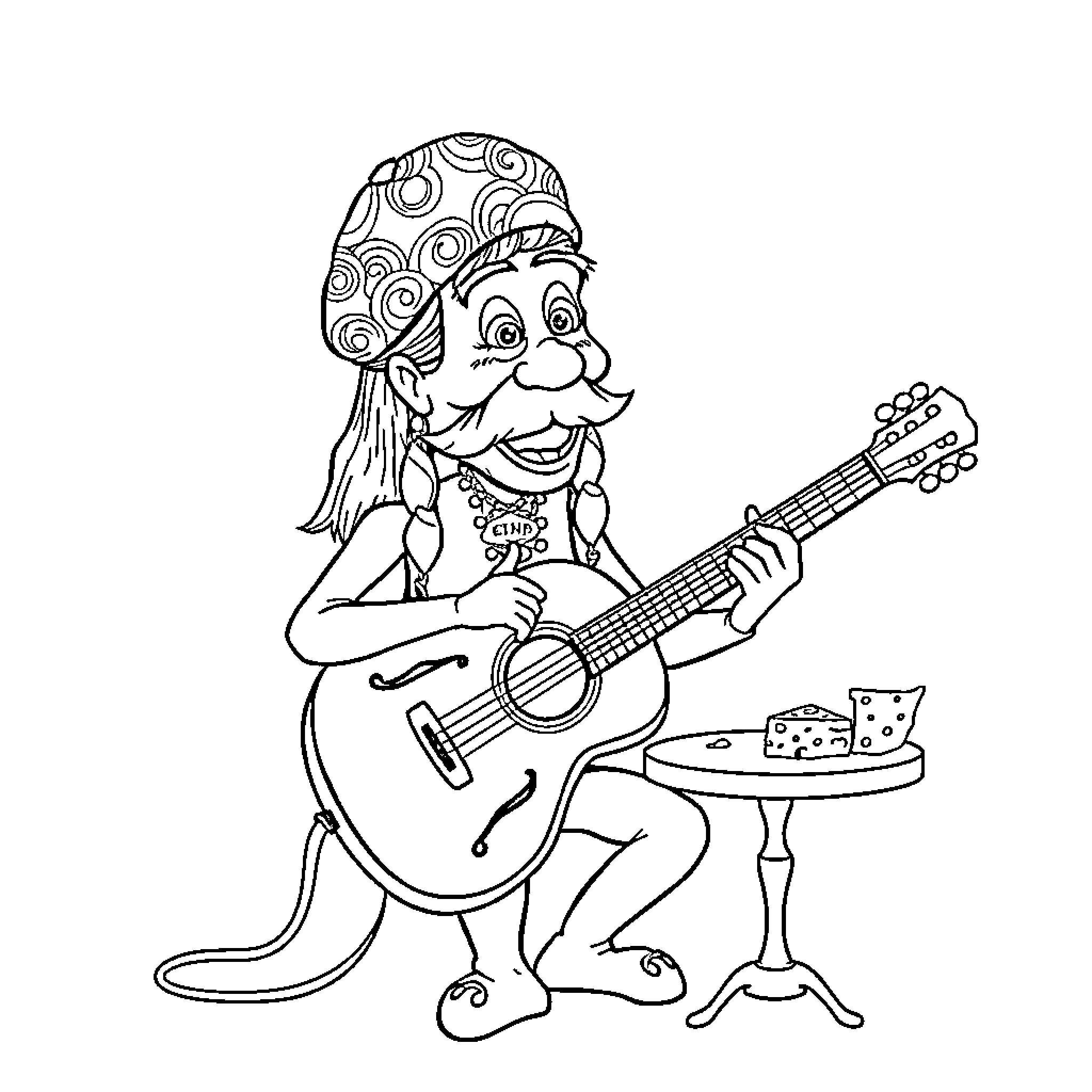 Guitar Player in Colorful Outfit Performing Coloring Page (free black-and-white line drawing printable PDF for all, from beginners to advanced learners, including children, teens, adults, and seniors)