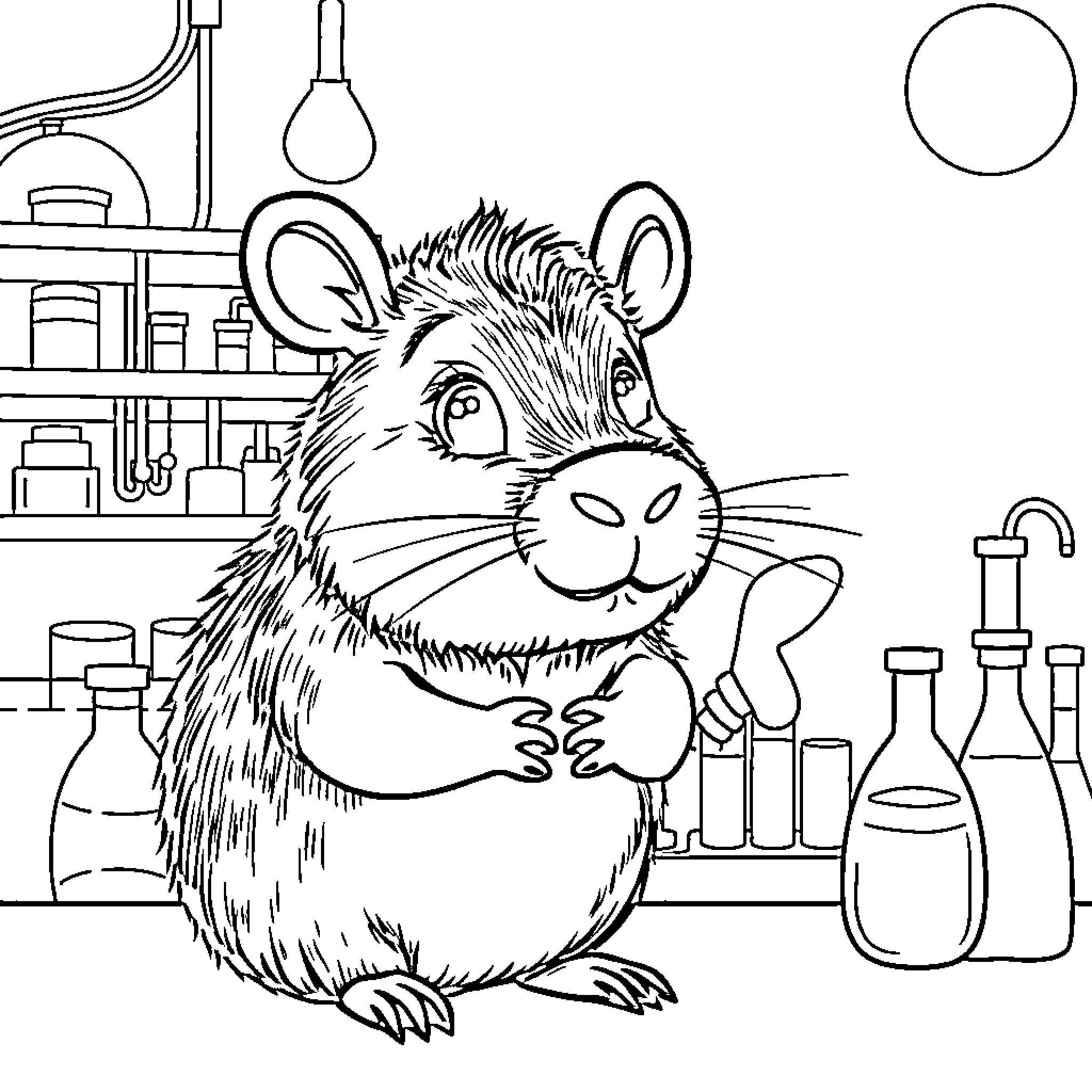 Capybara in a science laboratory Coloring Page (free black-and-white line drawing printable PDF for all, from beginners to advanced learners, including children, teens, adults, and seniors)