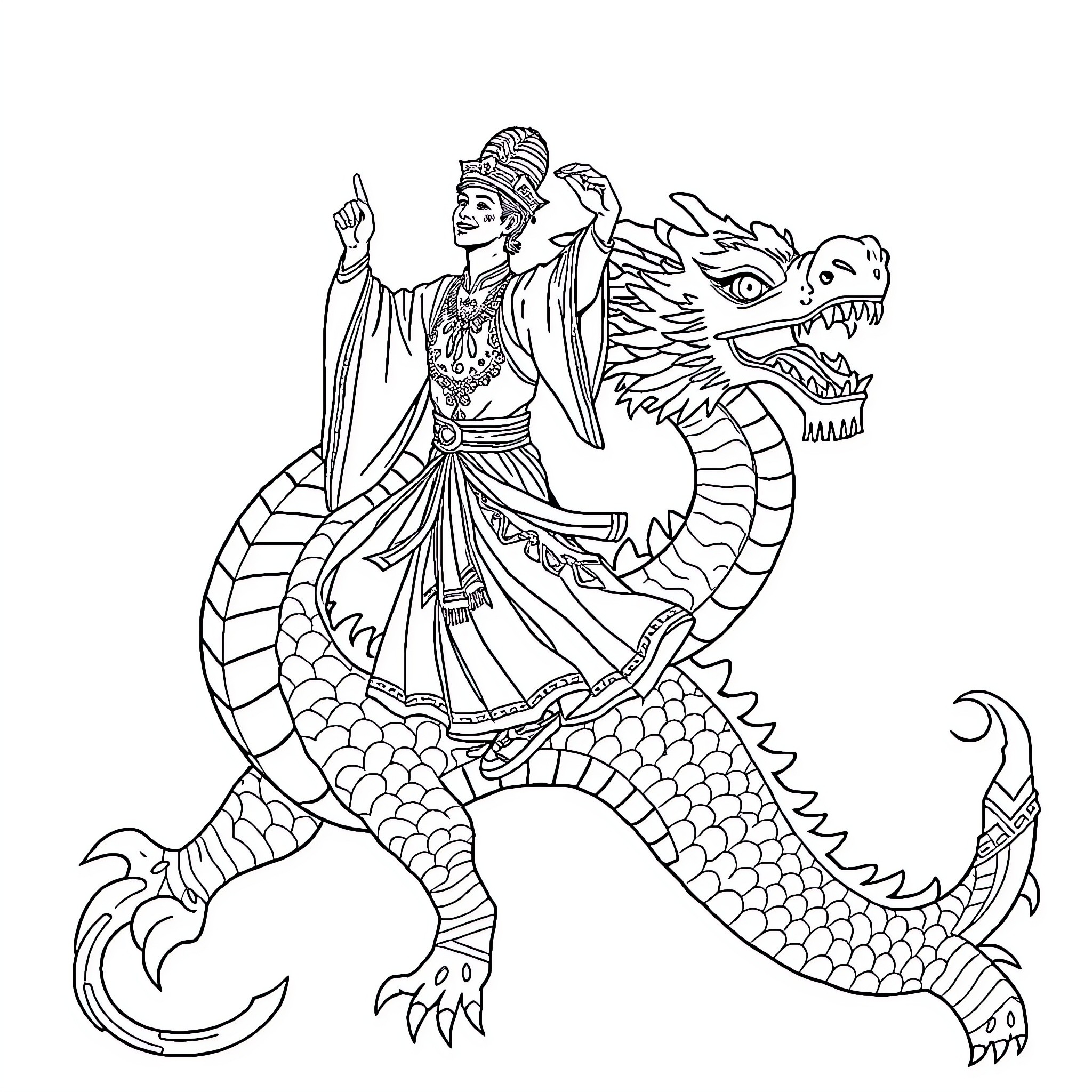 Barman riding a fierce dragon in traditional attire Coloring Page (free black-and-white line drawing printable PDF for all, from beginners to advanced learners, including children, teens, adults, and seniors)