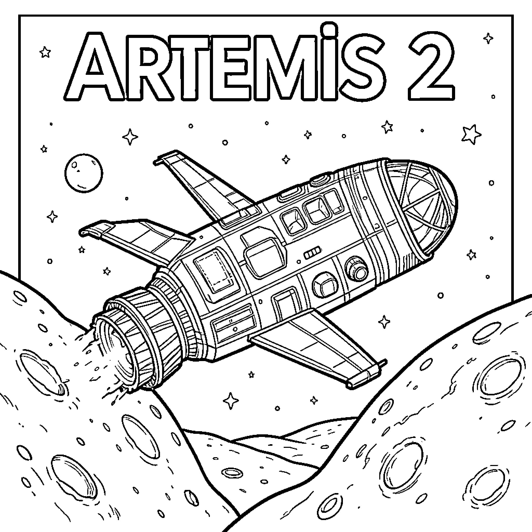 Artemis 2 exploring the lunar surface Coloring Page (free black-and-white line drawing printable PDF for all, from beginners to advanced learners, including children, teens, adults, and seniors)