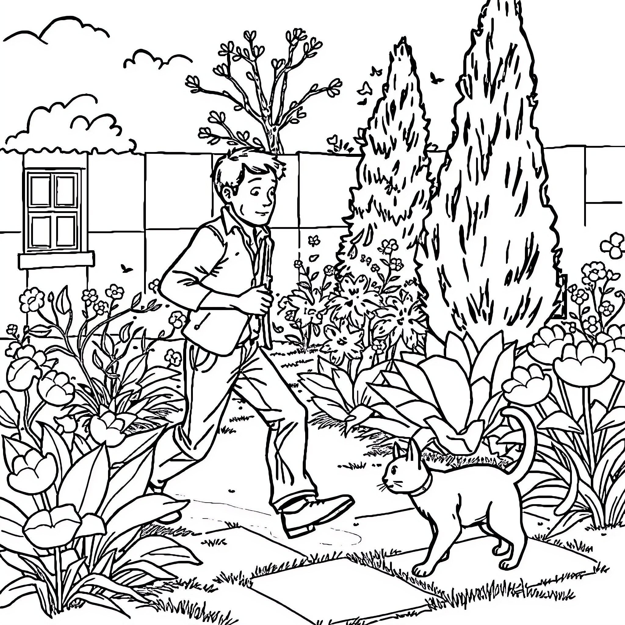 Homme exploring flourishing garden with pet Coloring Page (free black-and-white line drawing printable PDF for all, from beginners to advanced learners, including children, teens, adults, and seniors)
