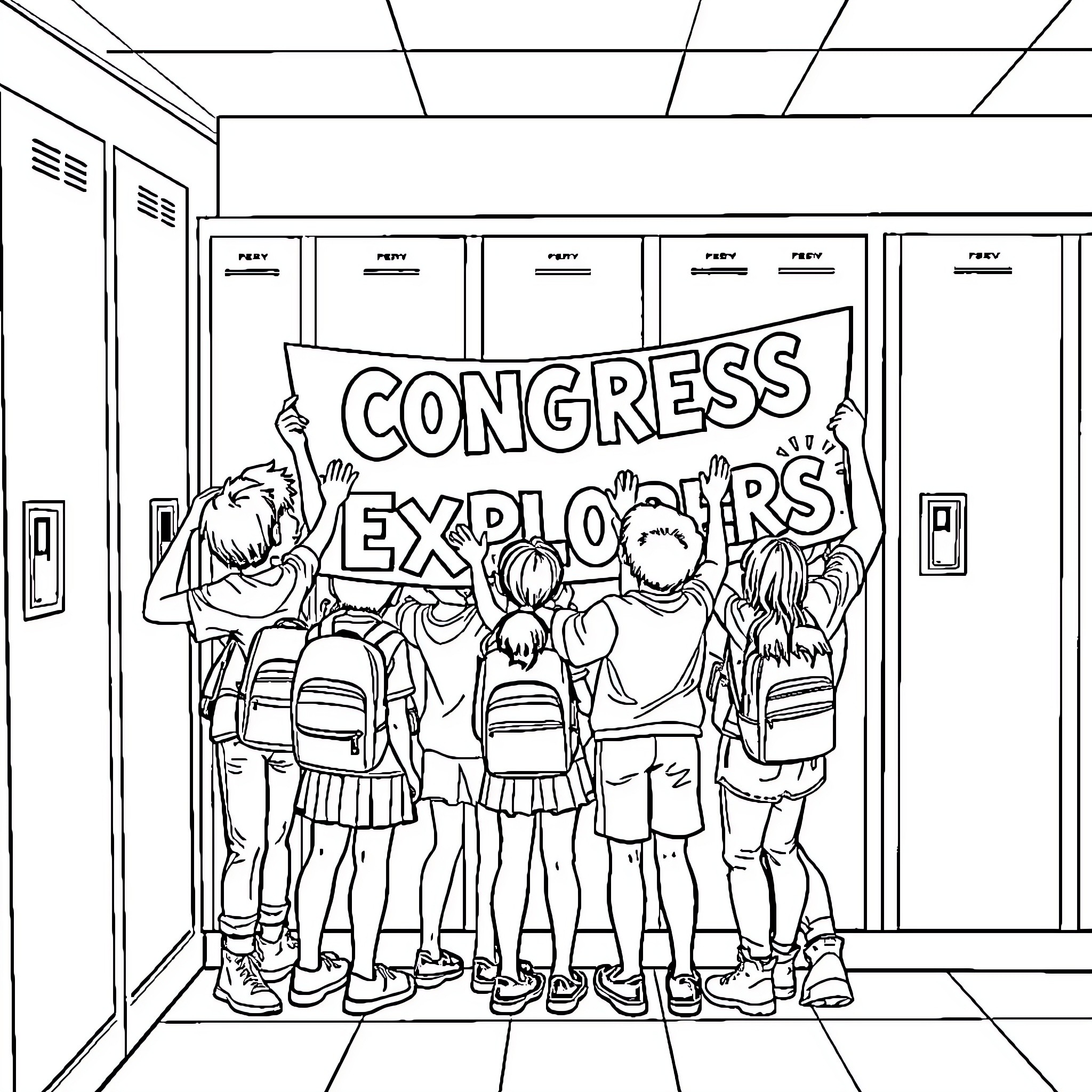 Students participate in Congress Explorers event Coloring Page (free black-and-white line drawing printable PDF for all, from beginners to advanced learners, including children, teens, adults, and seniors)