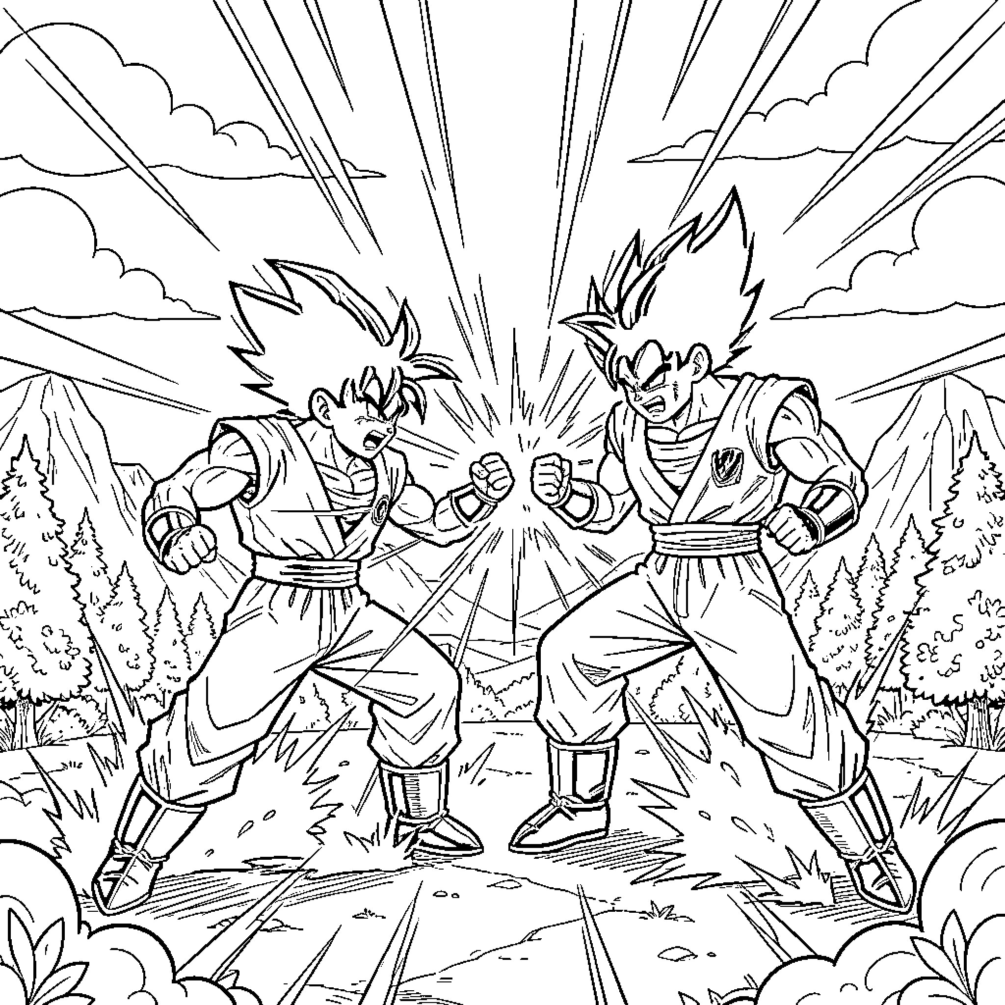 Goku Fierce Battle of Warrior Spirits Coloring Page (free black-and-white line drawing printable PDF for all, from beginners to advanced learners, including children, teens, adults, and seniors)