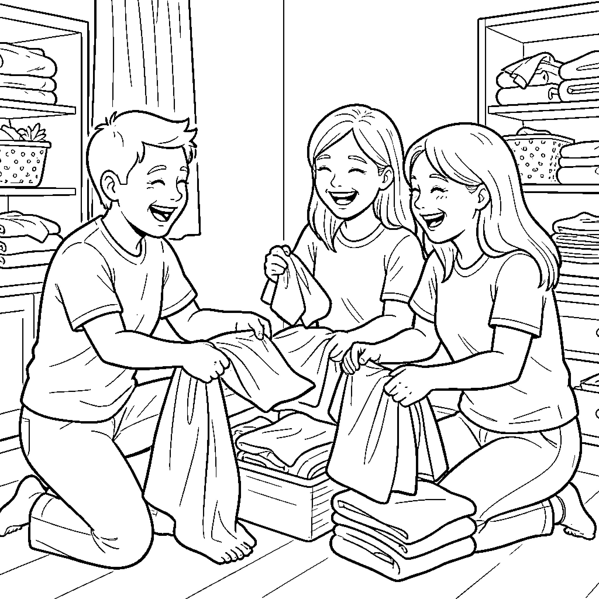 Person helping others fold clothes in bedroom Coloring Page (free black-and-white line drawing printable PDF for all, from beginners to advanced learners, including children, teens, adults, and seniors)