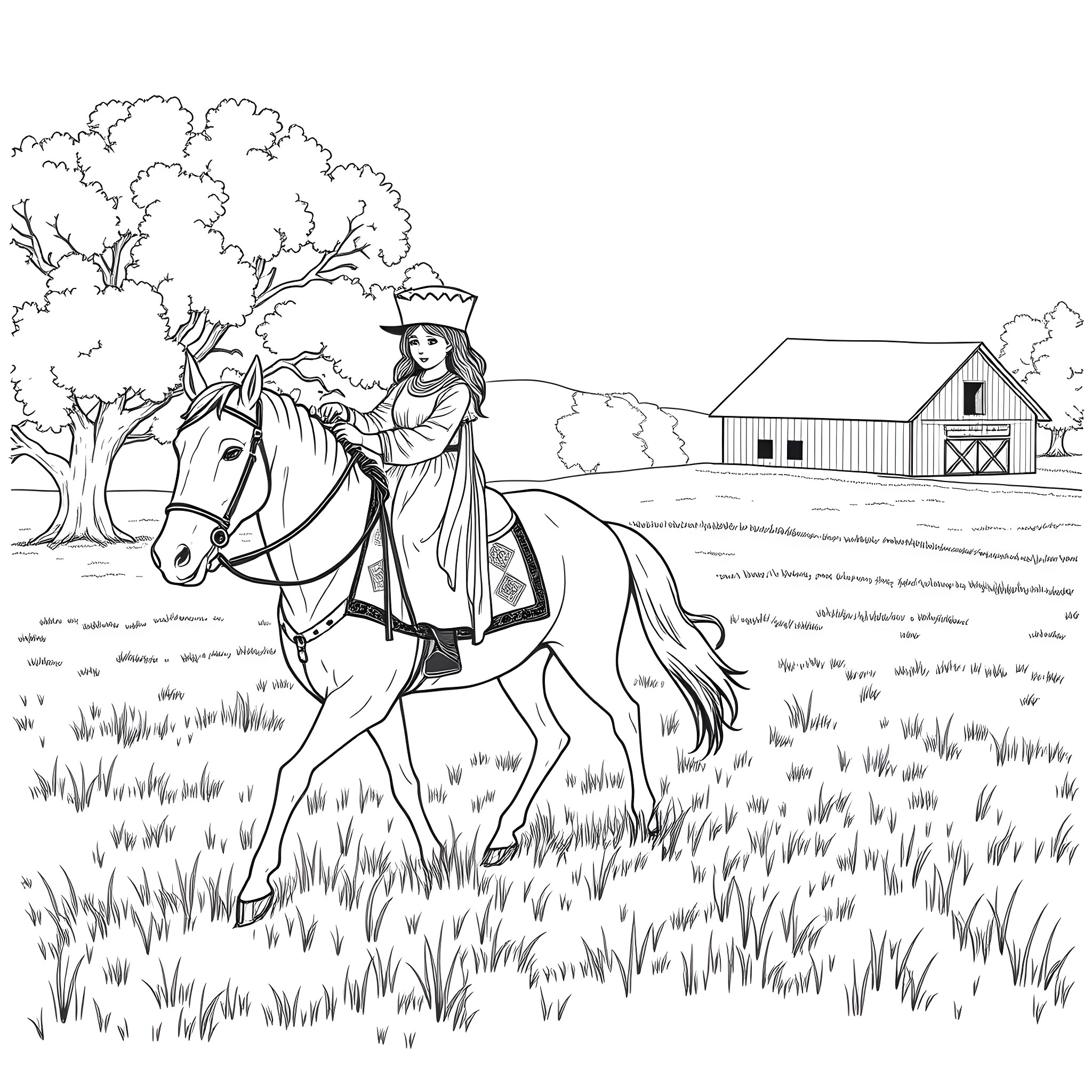 Hutterite woman riding horse in pastoral countryside Coloring Page (free black-and-white line drawing printable PDF for all, from beginners to advanced learners, including children, teens, adults, and seniors)