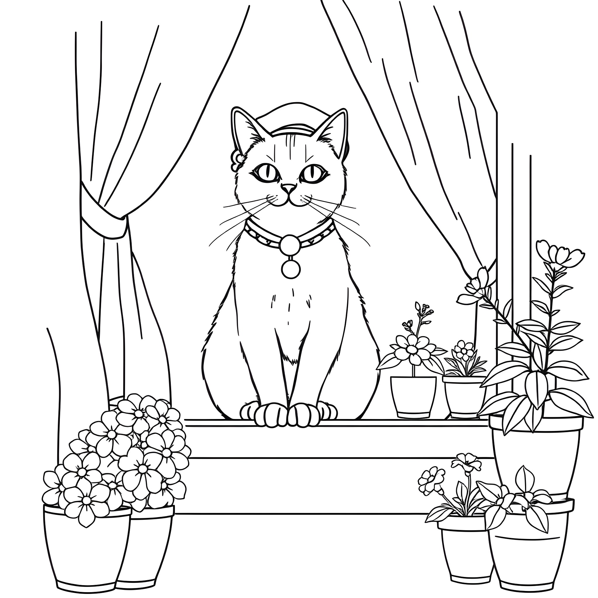 Cat sitting on windowsill with potted plants Coloring Page (free black-and-white line drawing printable PDF for all, from beginners to advanced learners, including children, teens, adults, and seniors)