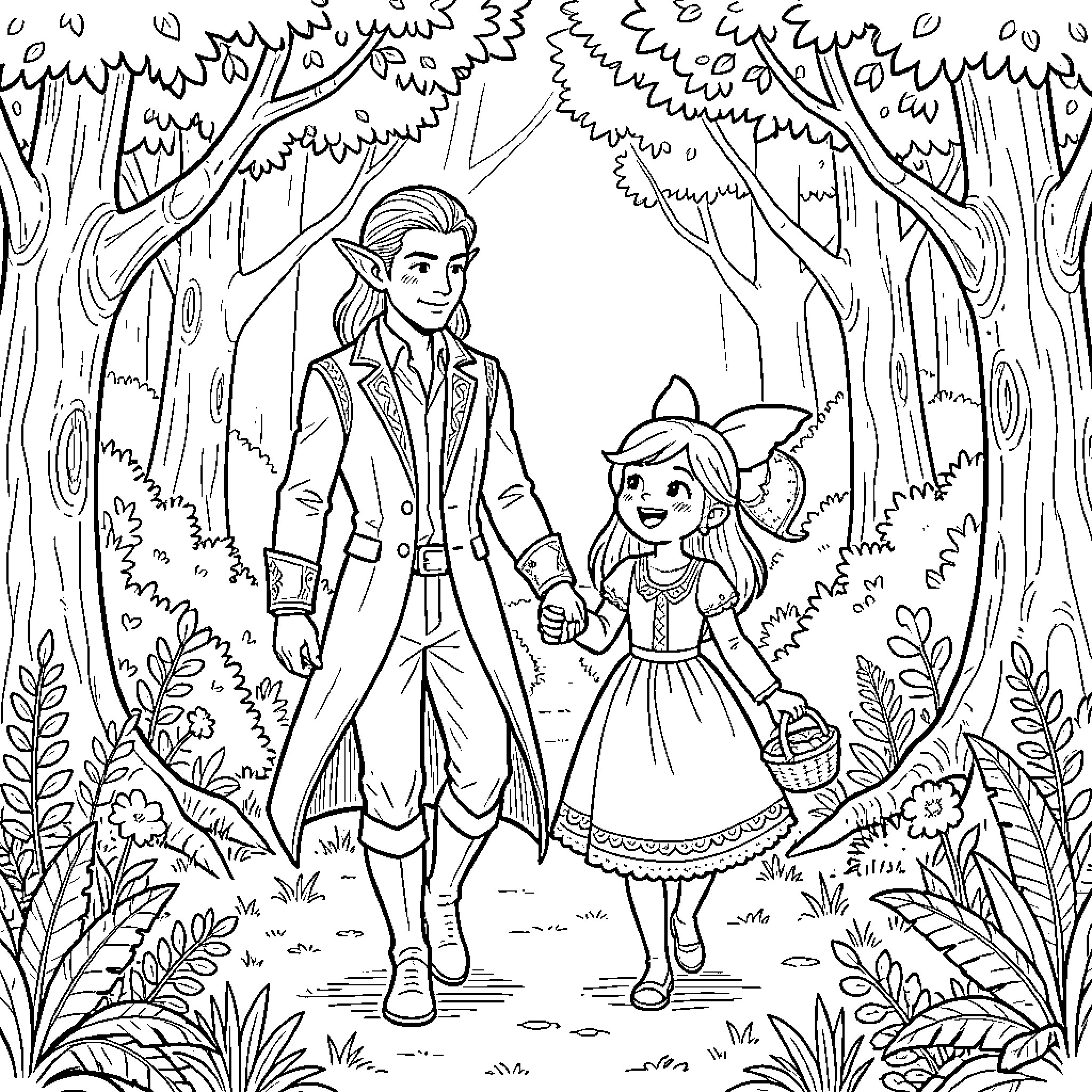 Elf companions exploring the enchanted forest Coloring Page (free black-and-white line drawing printable PDF for all, from beginners to advanced learners, including children, teens, adults, and seniors)