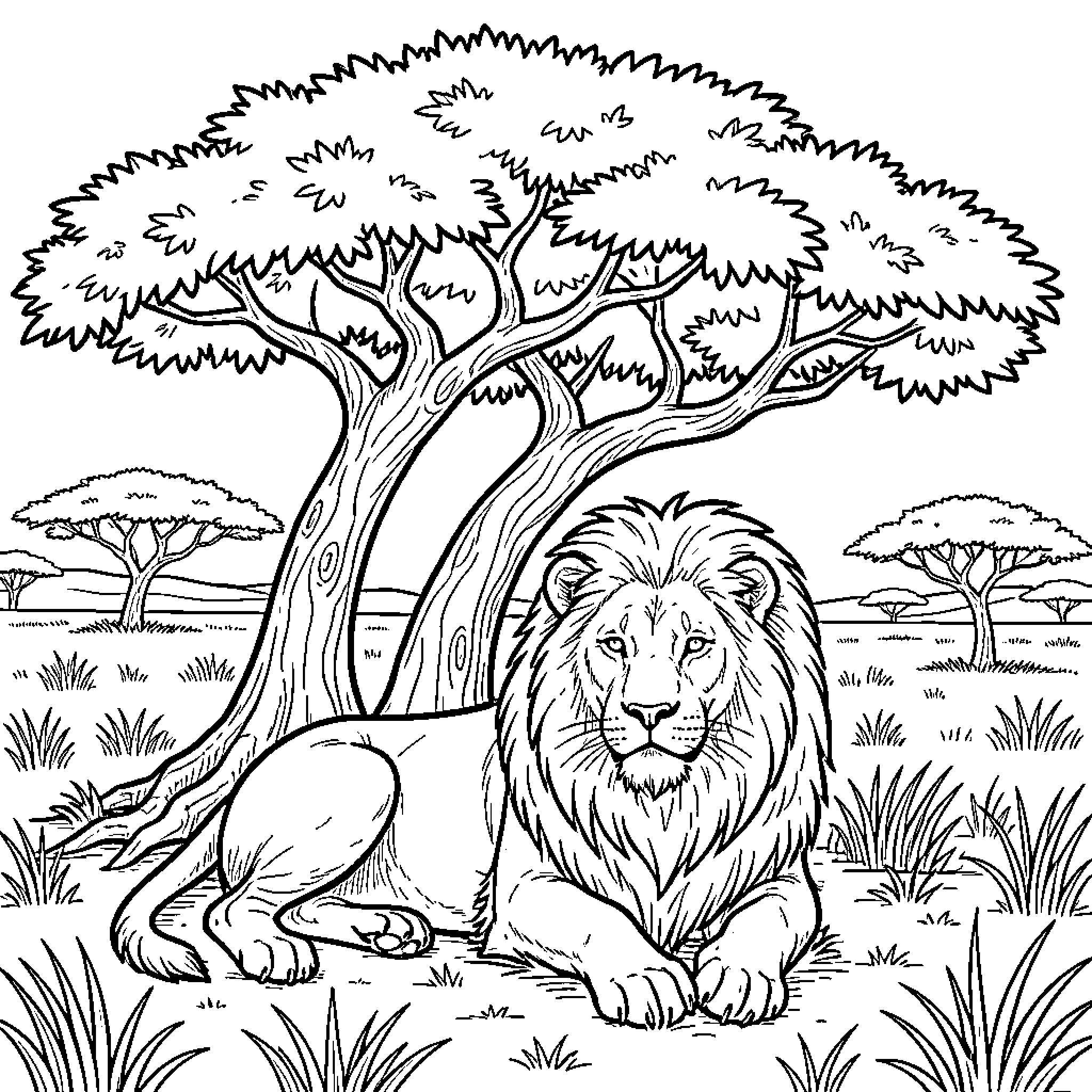 Lion in natural habitat Coloring Page (free black-and-white line drawing printable PDF for all, from beginners to advanced learners, including children, teens, adults, and seniors)