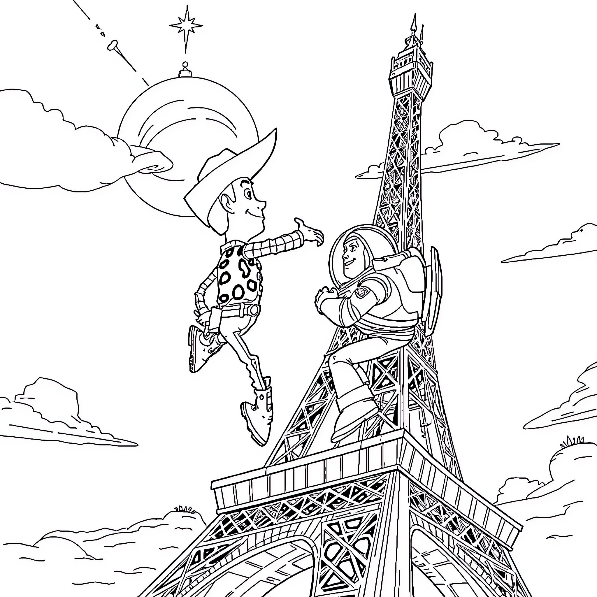 Woody and Buzz exploring the Eiffel Tower Coloring Page (free black-and-white line drawing printable PDF for all, from beginners to advanced learners, including children, teens, adults, and seniors)