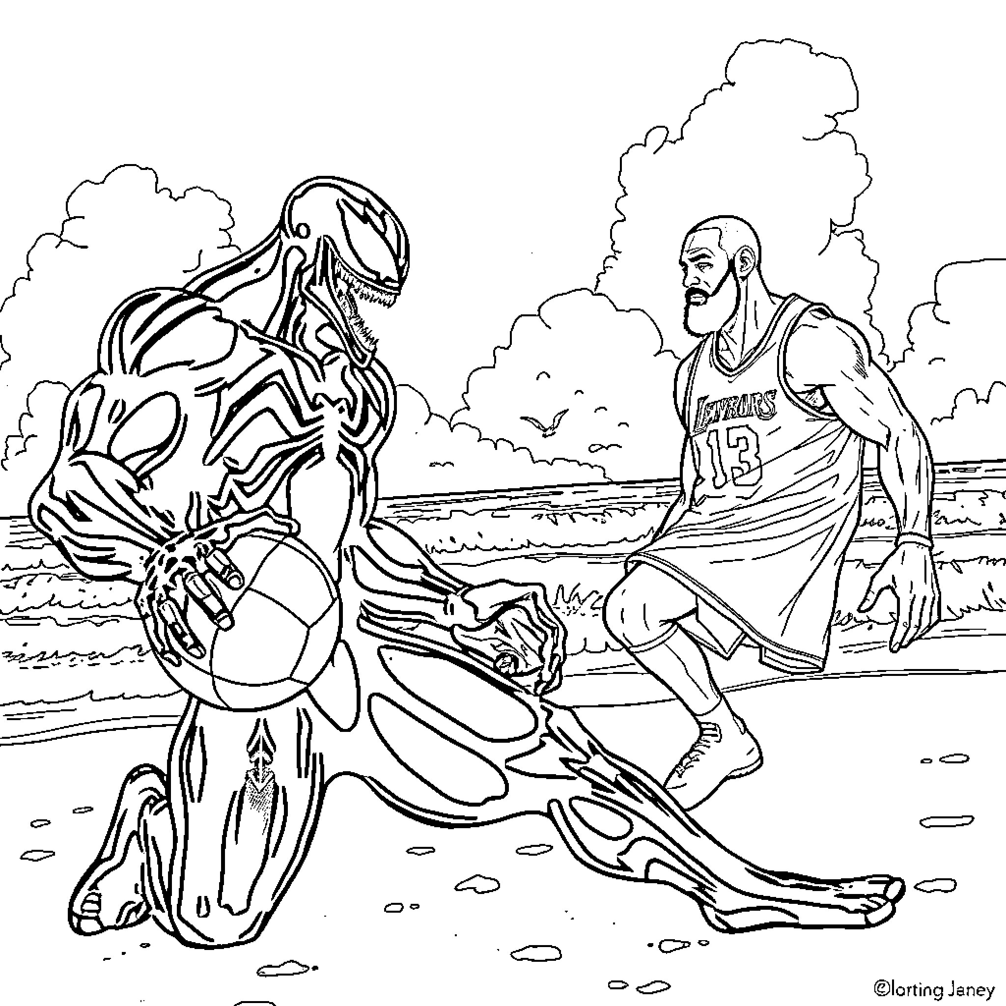 Venom Confronting Basketball Player on the Court Coloring Page (free black-and-white line drawing printable PDF for all, from beginners to advanced learners, including children, teens, adults, and seniors)