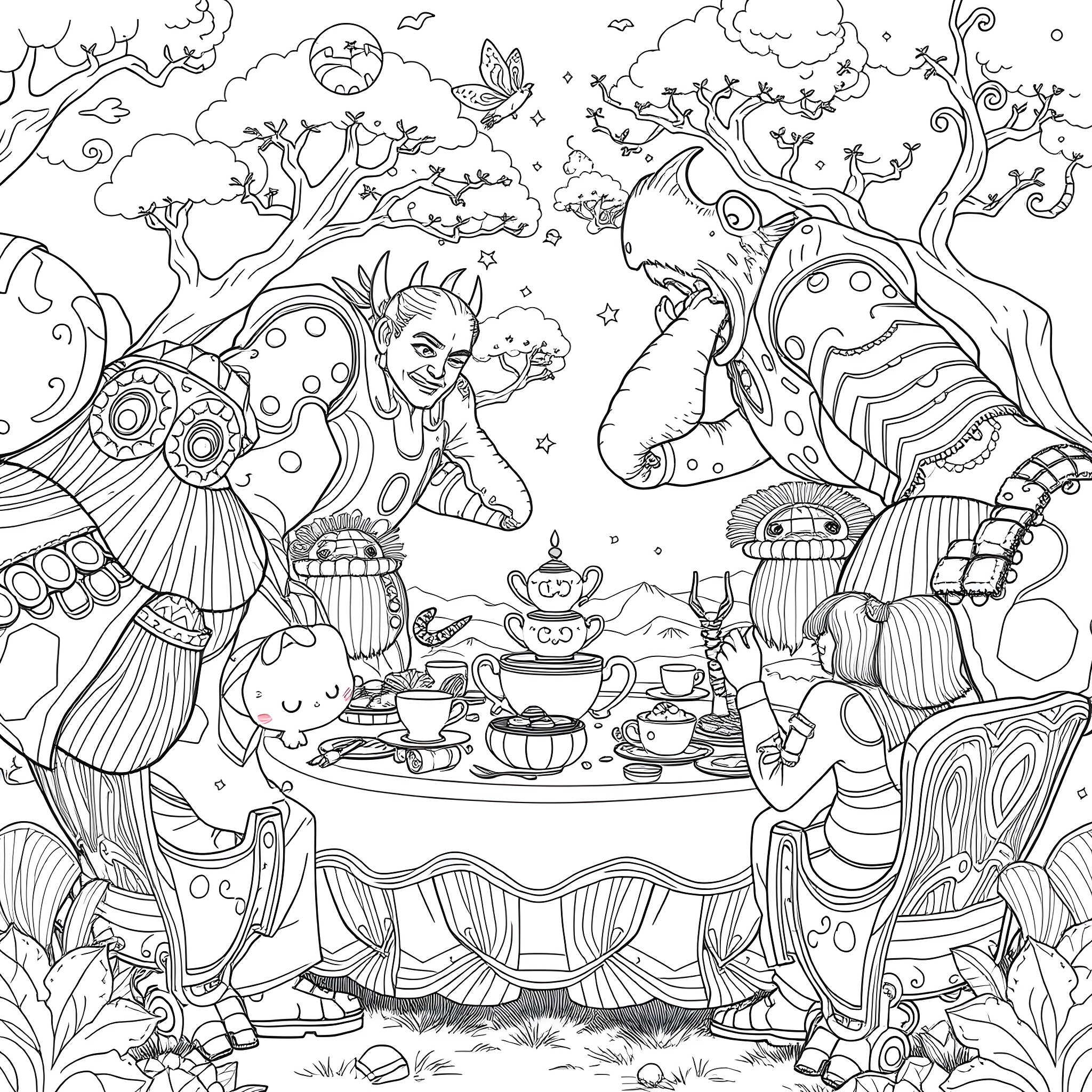 Titans Engaging in Whimsical Tea Party in Fantastical Forest Coloring Page (free black-and-white line drawing printable PDF for all, from beginners to advanced learners, including children, teens, adults, and seniors)