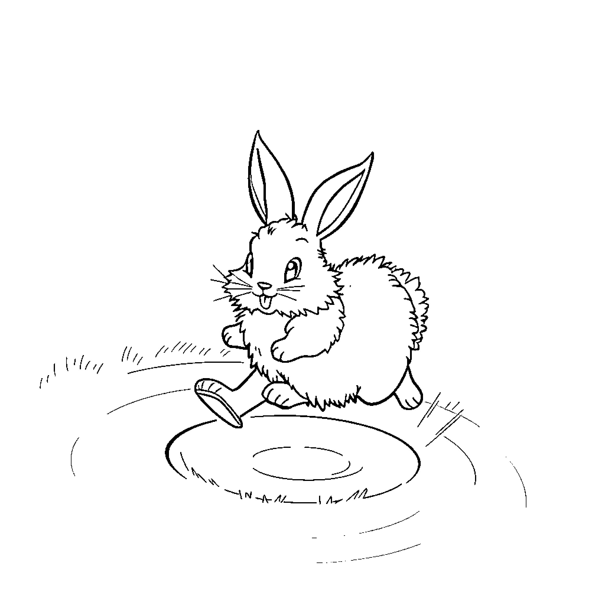 Bunny playing joyfully with a spinning object Coloring Page (free black-and-white line drawing printable PDF for all, from beginners to advanced learners, including children, teens, adults, and seniors)
